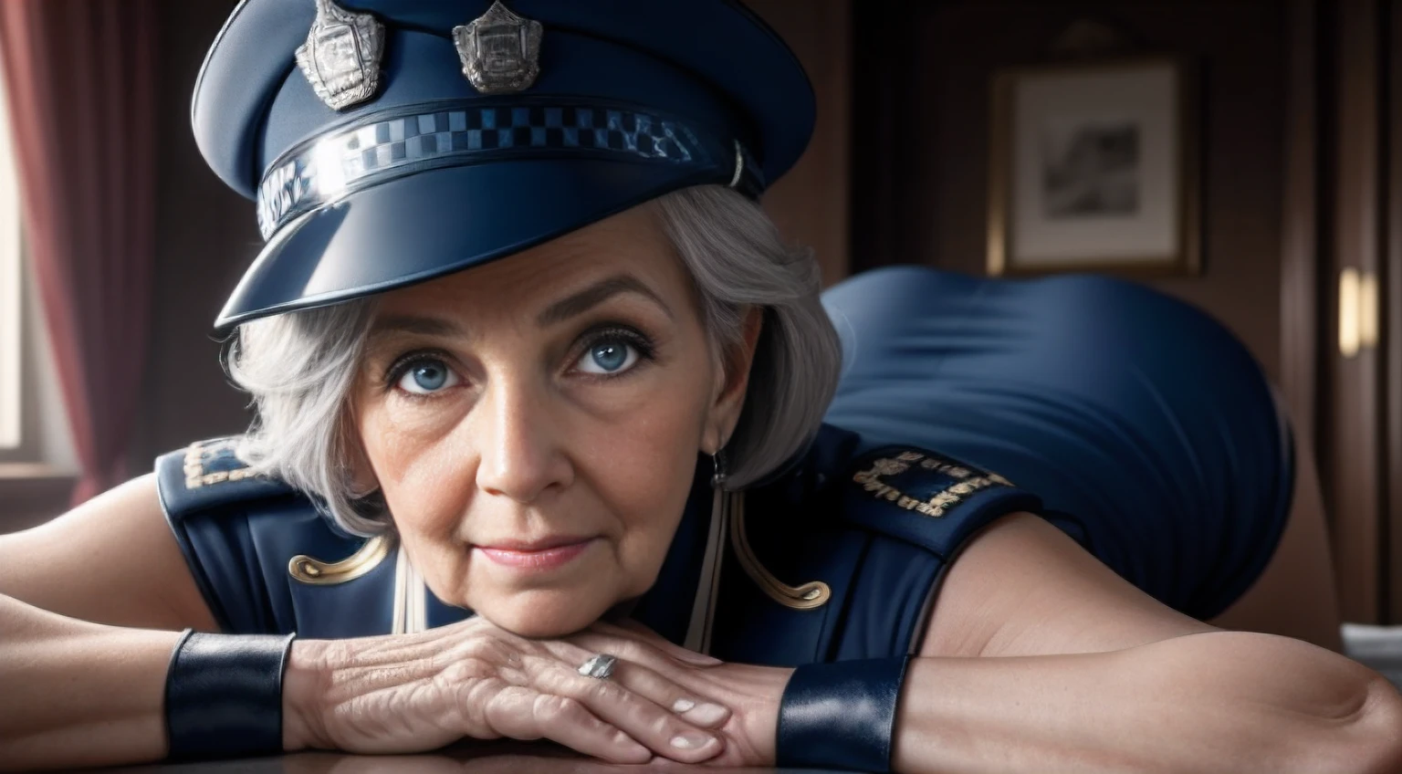 portrait of a 80-year-old woman with gray hair, seductive gaze,blue eyes, old woman, she is wearing a very sexy police officer outfit that reveals a small breast, 8k, police suit, police officer costume, police hat, a lot of wrinkles on her face, old woman, old body with wrinkles, detailed wrinkles (Old women in Europe)proper eye position,cinematic light, soft light, detailed background, clear background, highly detail, clear background, ultra detailed background, detailed background, showing full body, full body, full body visible, perfect visible background, solo, small breasts, open legs