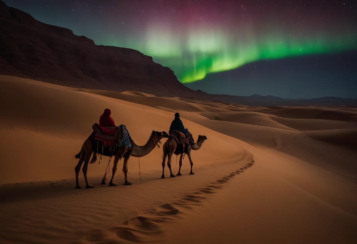 camel caravan walking hand in hand in the desert mountains at night with a view of the aurora in the sky, drone photography view, beautiful aurora in the sky, aurora atmosphere, fog, very wide view, realistic photography, dramatic, dynamic composition, sahara desert, perfect object, perfect anatomy, highly detailed, 128k resolution, HDR, ultra hd, masterpiece photography, trending on 500px, natgeo style