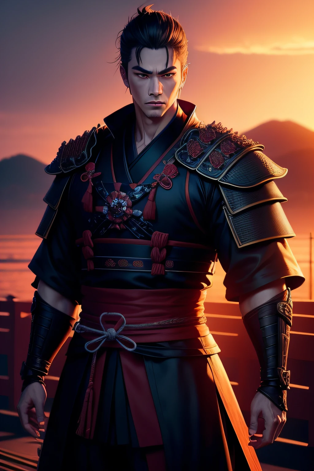Samurai stands at sunset in japan and looks into the distance, in dynamics, highly detailed, packed with hidden details, style, high dynamic range, dramatic light, realistic attention to detail, highly detailed, 8k, UHD, anime style character, husbando style