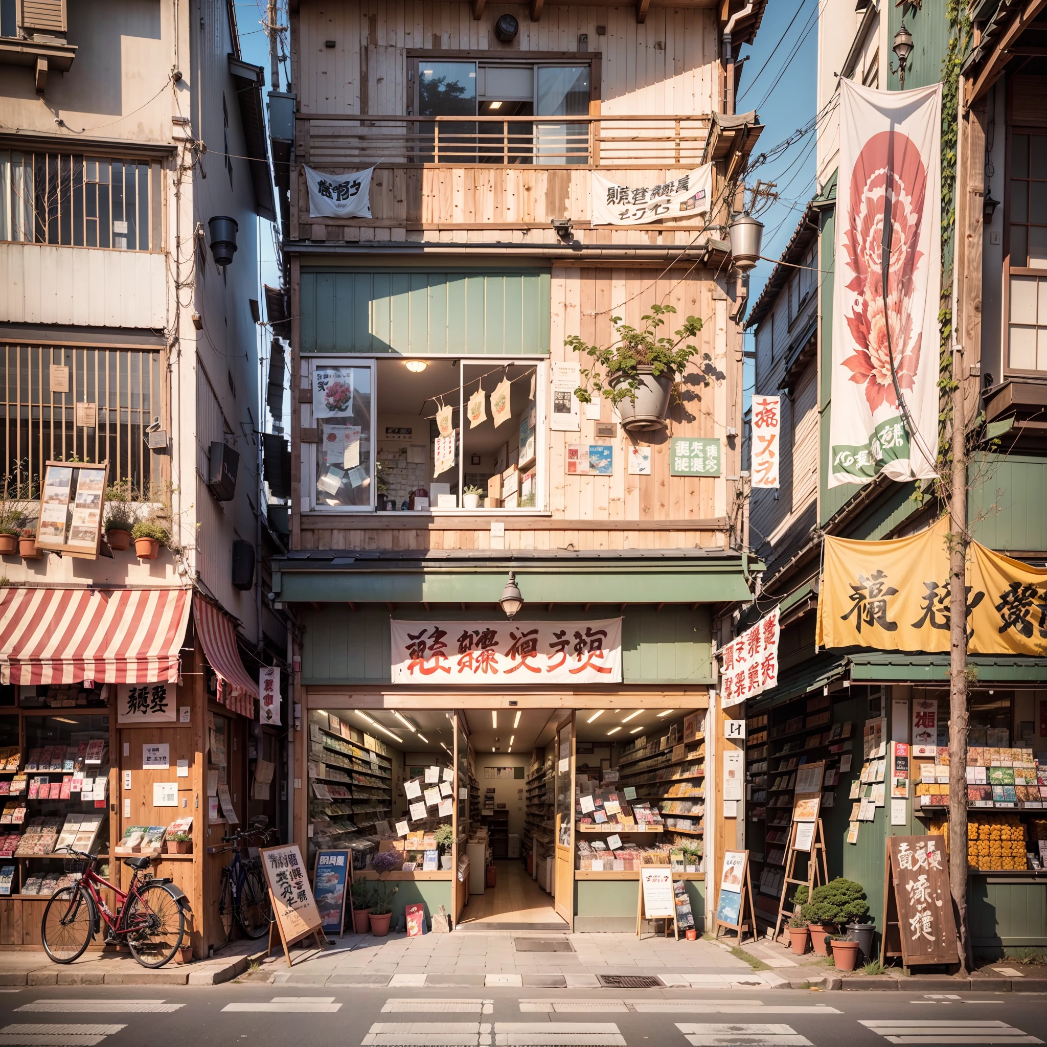 anime background, anime wallpaper, anime, anime style, lofi, lofi style, modern japanese street, modern japanese architecture, japanese convenience store, big retro japanese shop signs, retro japanese store, trees, plants, rocks, plant pots, shop signs, japanese banners, japanese signs, flags, sunrise, golden hour, golden lighting, empty street, no one in sight, (no one: 1), best quality, rural tokyo