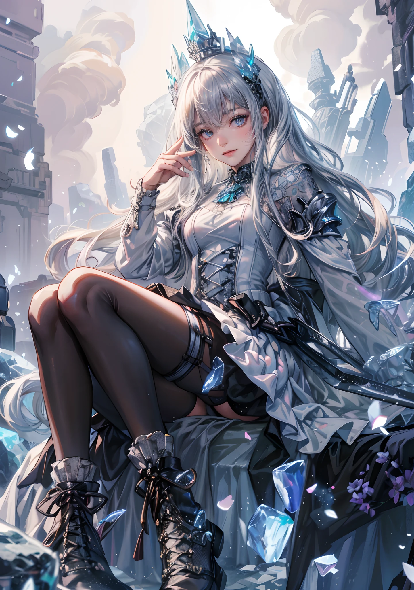 fine illustration,ultra detailed,highres,from below,cool beauty,gramer woman, cute pose,gothic_ice dress,silver_glistening long hair,ice queen,ice world,ice crystals flowers,detailed bodysuit with glittery kaleido decoration, detailed layered skirt, detailed embroidery, extremely layered frills, detailed texture, detailed pattern,slender and beautiful legs,