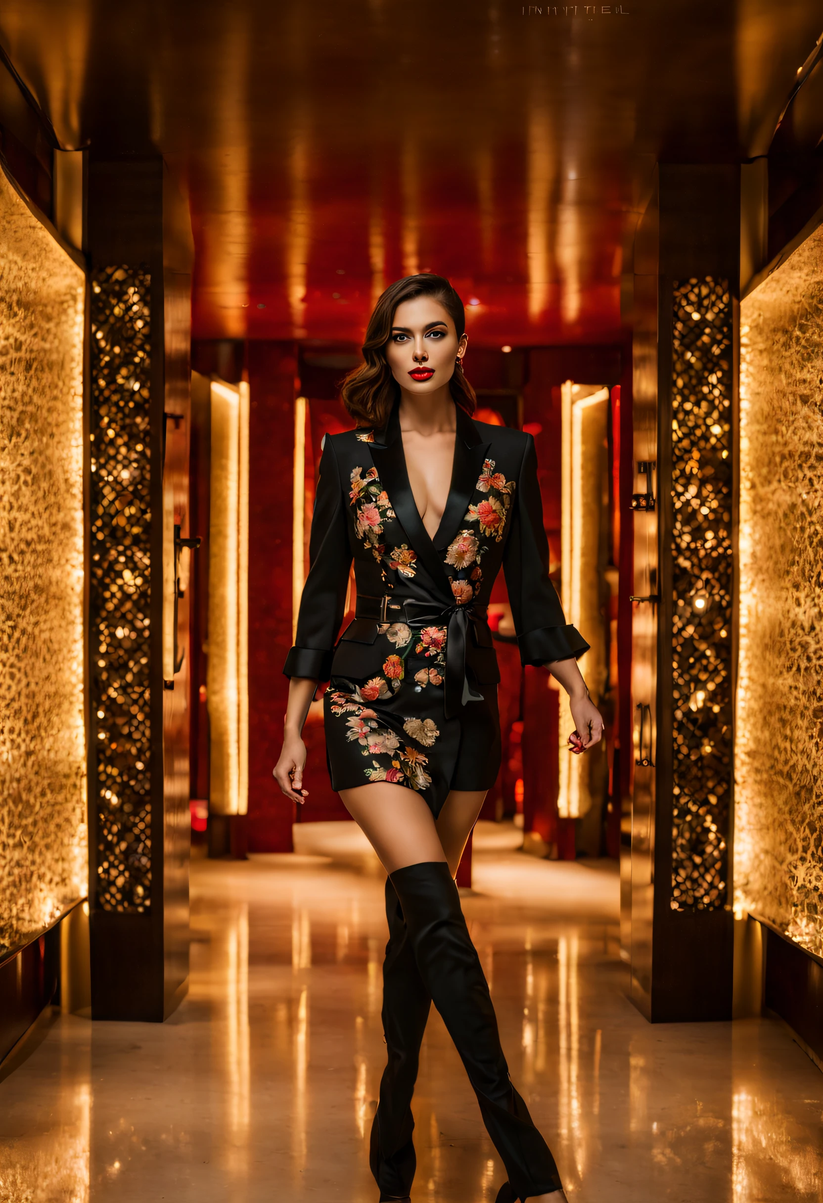 A woman in a black dress and thigh high boots walking down a hallway ...