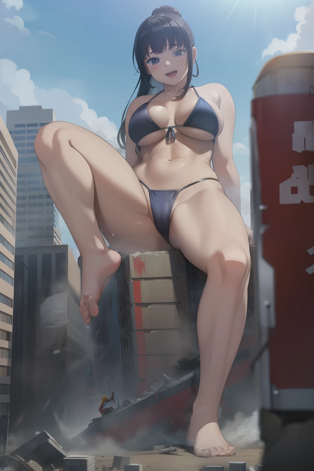 (masterpiece, high res, best quality, 8k):1.4, 1girl, OYAMAMAHIRO, happy, barefoot, bikini, giantess, gts, Rampage, city, BuildingSeat