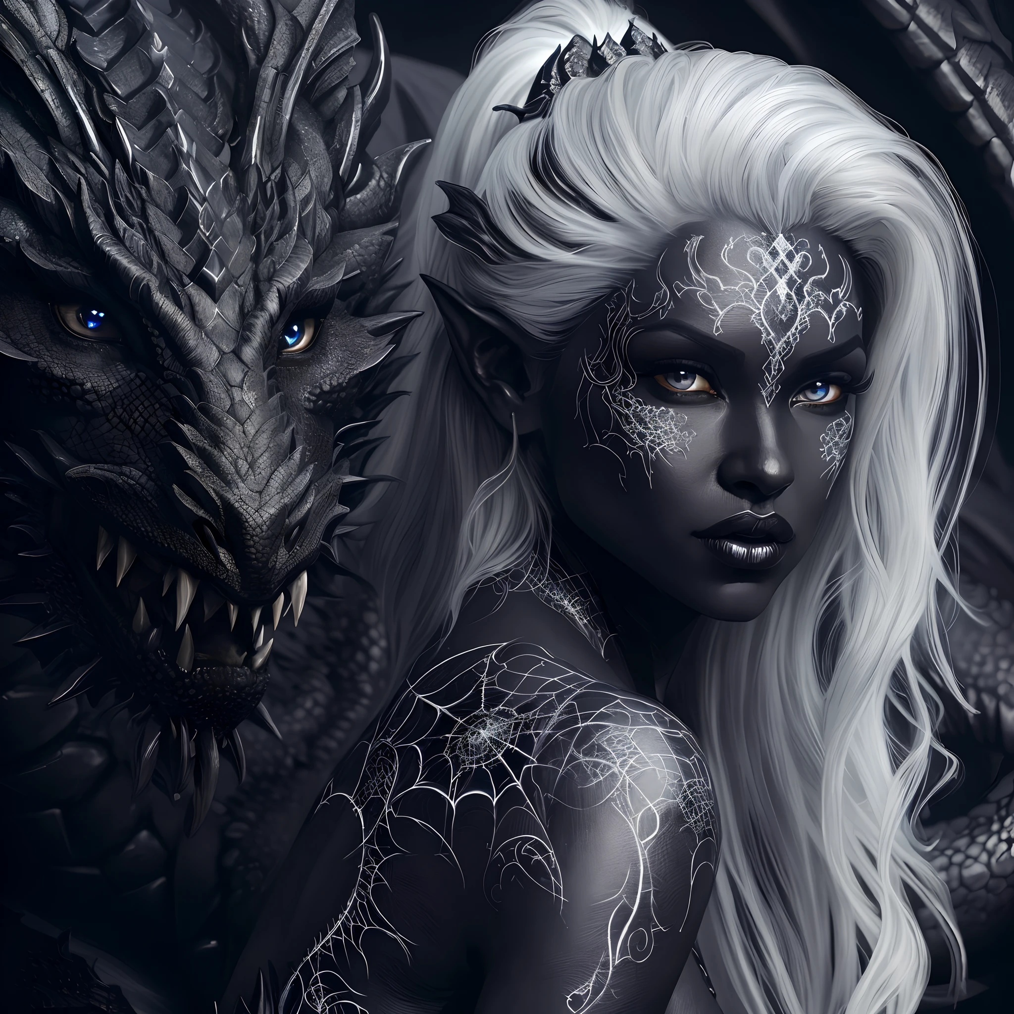 a close up of a dark obsidian coal black skin drow woman with a dragon on her shoulder, silver hair and eyebrows, silver eyes, dark fantasy mixed with realism, detailed matte fantasy portrait, queen of dragons, hyperrealistic fantasy art, in style of dark fantasy art, dark but detailed digital art, fantasy dark art, amazing fantasy art, realistic fantasy artwork, the dragon girl portrait, hyperdetailed fantasy character, dark fantasy art