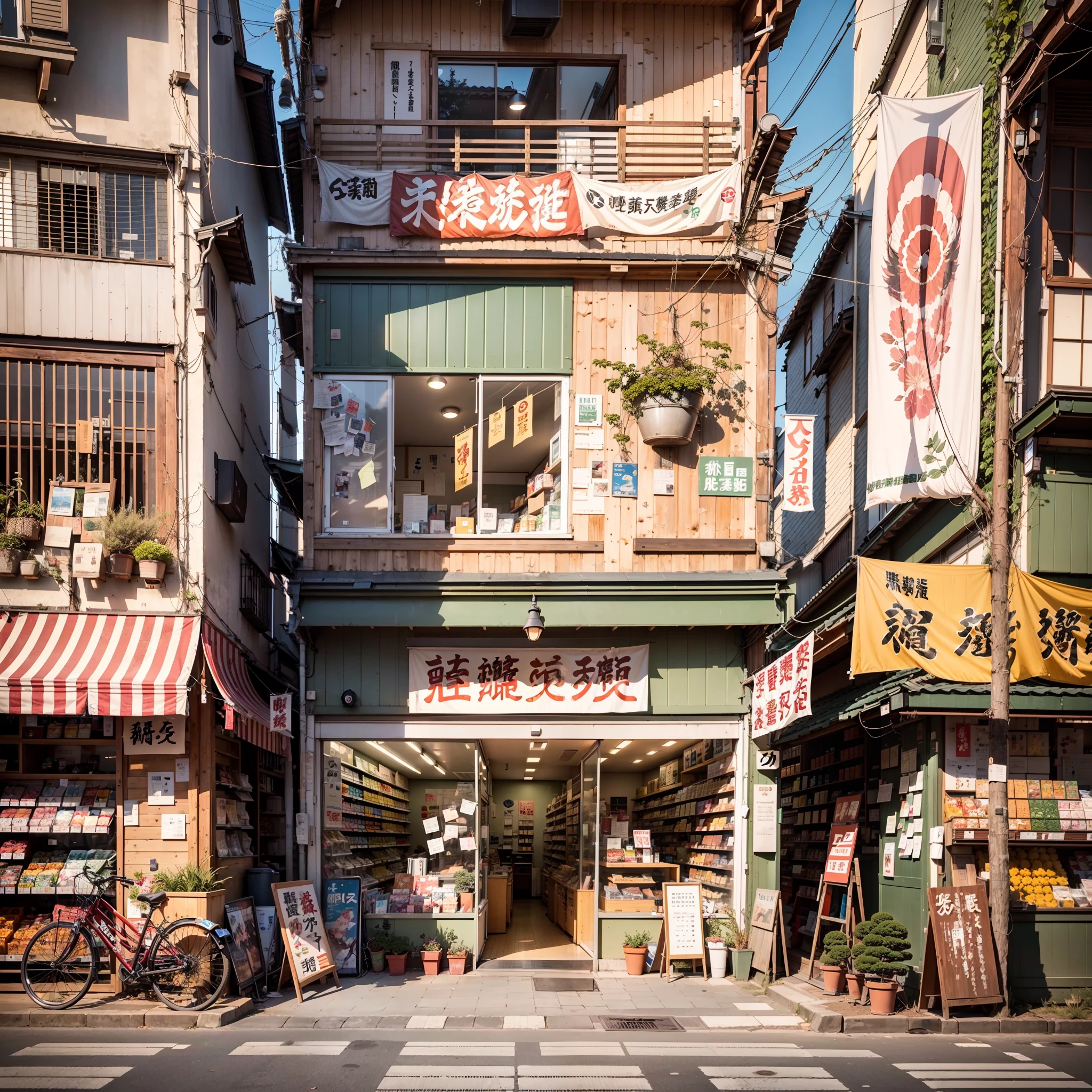 anime background, anime wallpaper, anime, anime style, lofi, lofi style, modern japanese street, modern japanese architecture, japanese convenience store, big retro japanese shop signs, retro japanese store, trees, plants, rocks, plant pots, shop signs, japanese banners, japanese signs, flags, sunrise, golden hour, golden lighting, empty street, no one in sight, (no one: 1), best quality, rural tokyo