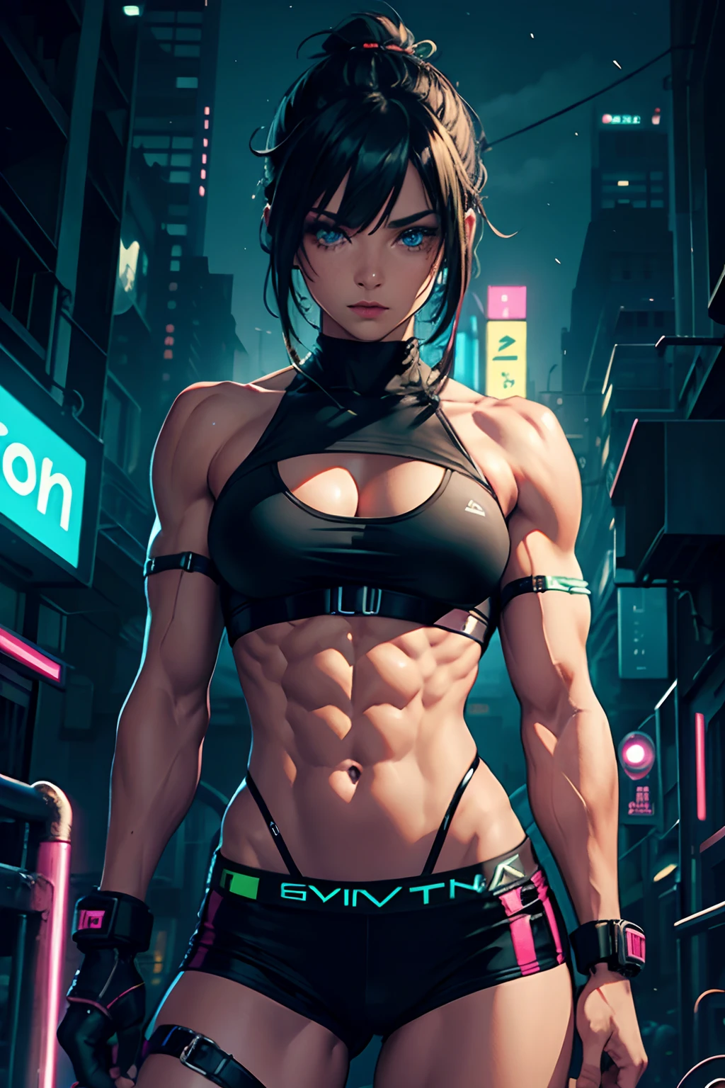 cyverpunk, abs, muscular, 1girl, night, neon