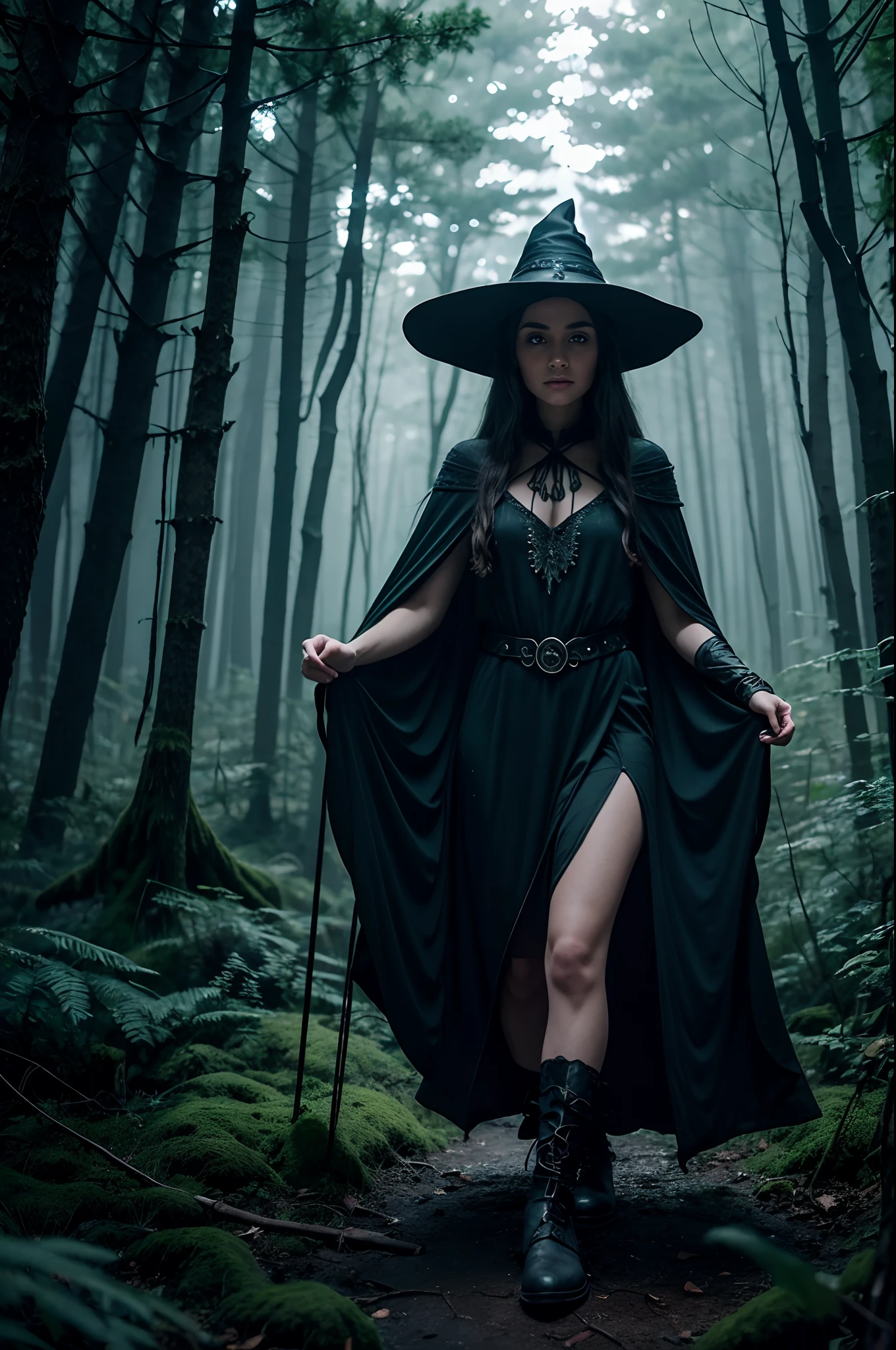 Amidst an ancient forest, a young witch with emerald eyes and a cloak of midnight black stands before a shimmering portal. Her expression is one of determination and purpose as she readies herself for an otherworldly journey. The forest is bathed in the soft glow of bioluminescent fungi, creating a magical and surreal ambiance. The young witch's attire is adorned with intricate runes, and her staff crackles with mystical energy. She is about to embark on an epic quest into the unknown realms of magic. Photo taken by Thalas Shadowcaster with a Nikon D850 and a 24-70mm lens. Award Winning Photography style, Bioluminescent Fantasy, 8K, Ultra-HD, Super-Resolution.