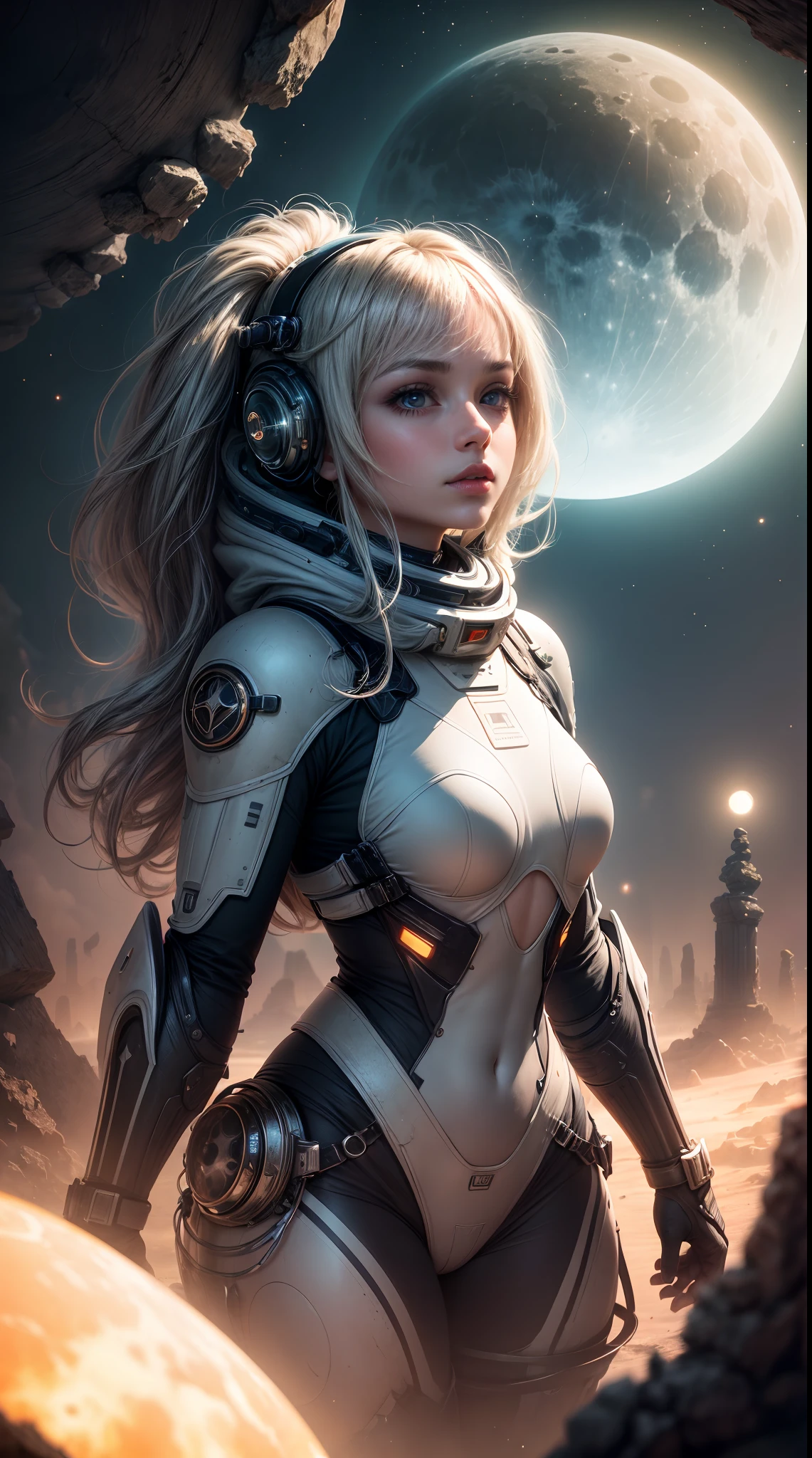An otherworldly landscape bathed in the soft, ethereal light of multiple moons, where a closeup beautyful girl in a futuristic spacesuit gazes up in wonder, surrounded by floating islands and ancient, mysterious ruins.