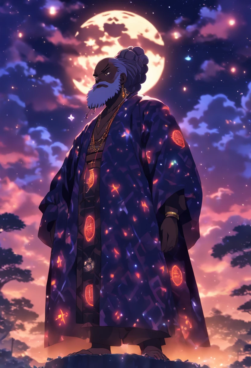 (((NYAME))) best quality, ultra-high resolution, 4K detailed CG, master piece, Nyame, old man, white beard, Ghanaian clothing, African mythology, Ghana, ((night sky in the background)) , African image, aesthetic, centered on the screen