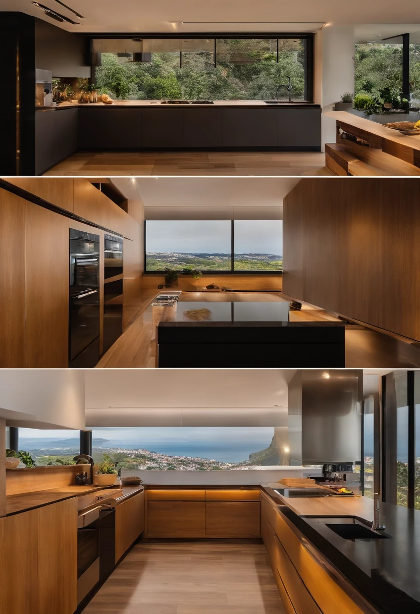 cozinha moderna,Stunning renovation,geladeira,cupboard,cena ampla,in a panoramic view,de fora, UHD, Detalhes altos em madeira