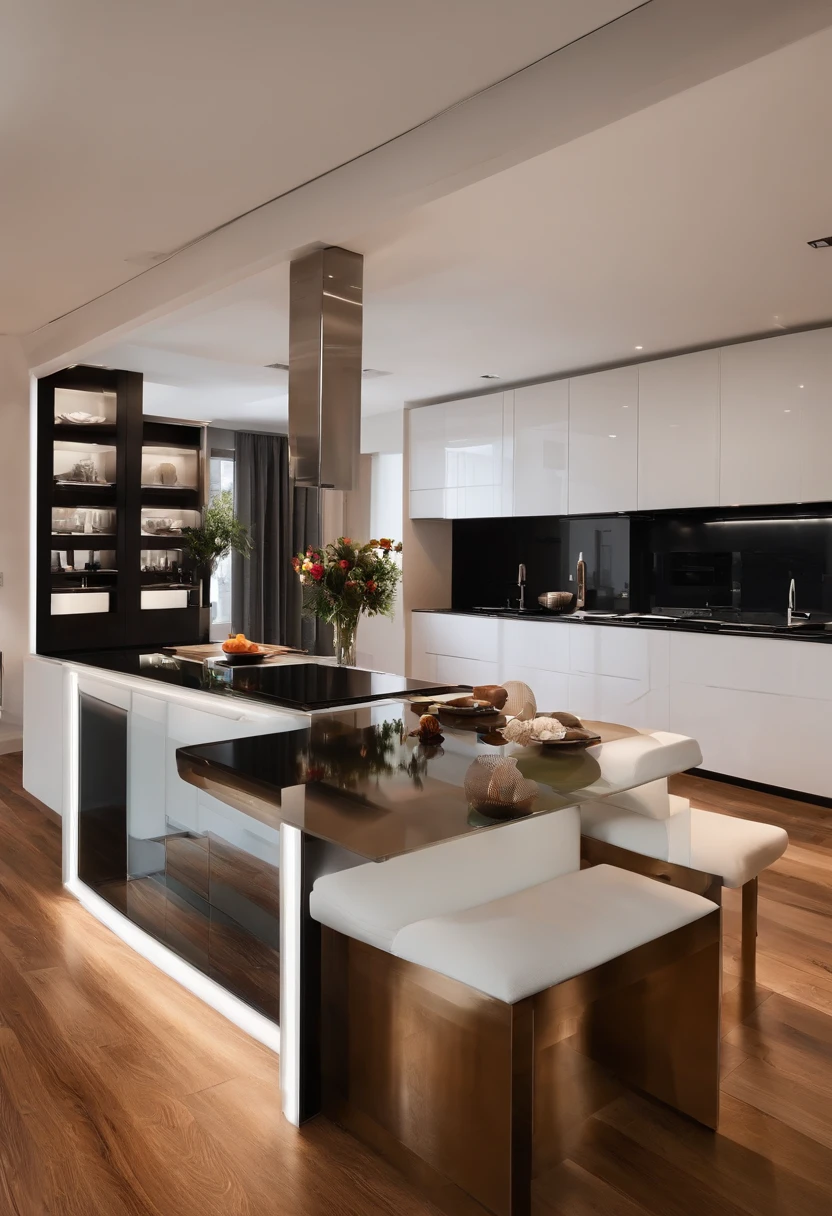 cozinha moderna,Stunning renovation,geladeira,cupboard,cena ampla,in a panoramic view,de fora, UHD, Detalhes altos em madeira