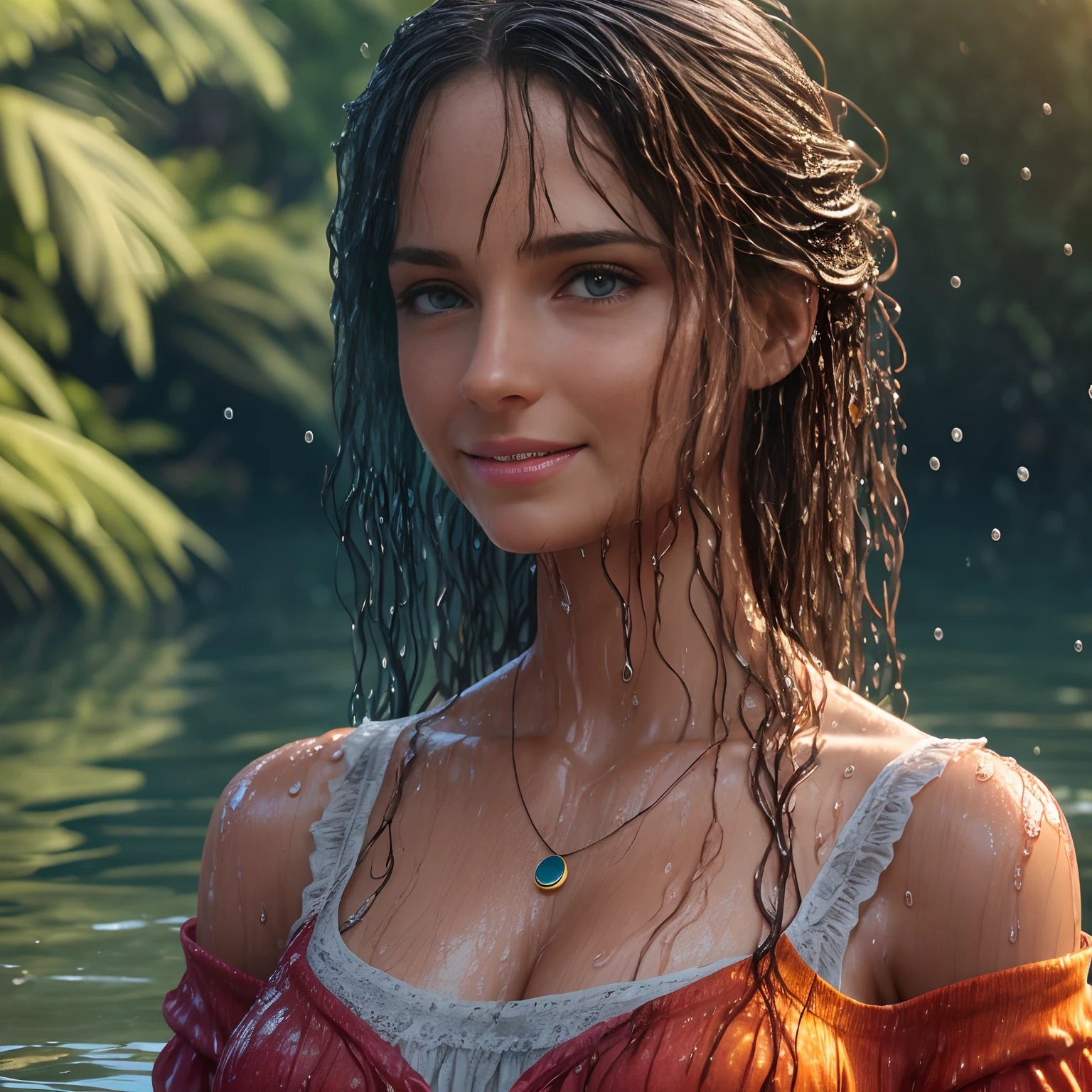 woman in a yellow and blue chiffon dress is sitting in the water, expensive chiffon dress, long sleeves, closeup fantasy with water magic, beautiful maiden, wearing a dress made of water, dripping wet, in water up to her shoulders, beautiful realistic painting, nymph in the water, hyperrealist portrait in a river, hyperrealistic fantasy photo, splashing, v neck, cute shot, narrow depth of field, 8k, nsfw, drenched, ((soaked)), dripping water, dripping oil, heavy clothes, soaked in oil, wet all over, rouge lipstick, wet dripping hair, varied poses, smile at viewer