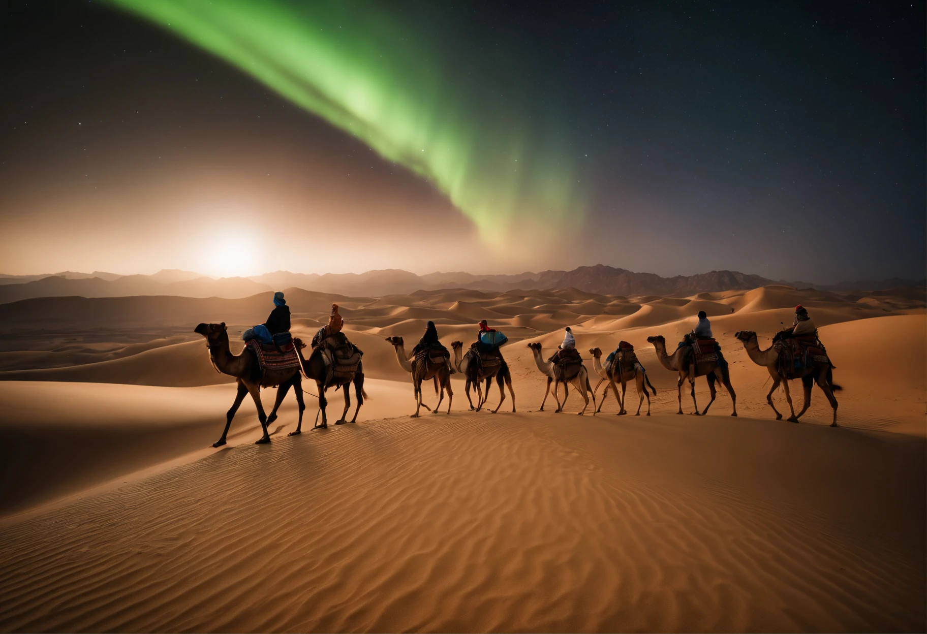 camel caravan walking hand in hand in the desert mountains at night with a view of the aurora in the sky, drone photography view, beautiful aurora landscape, aurora atmosphere, fog, very wide view, realistic photography, dramatic, dynamic composition, sahara desert, perfect object, perfect anatomy, highly detailed, 128k resolution, HDR, ultra hd, masterpiece photography, 500px style, vibrant