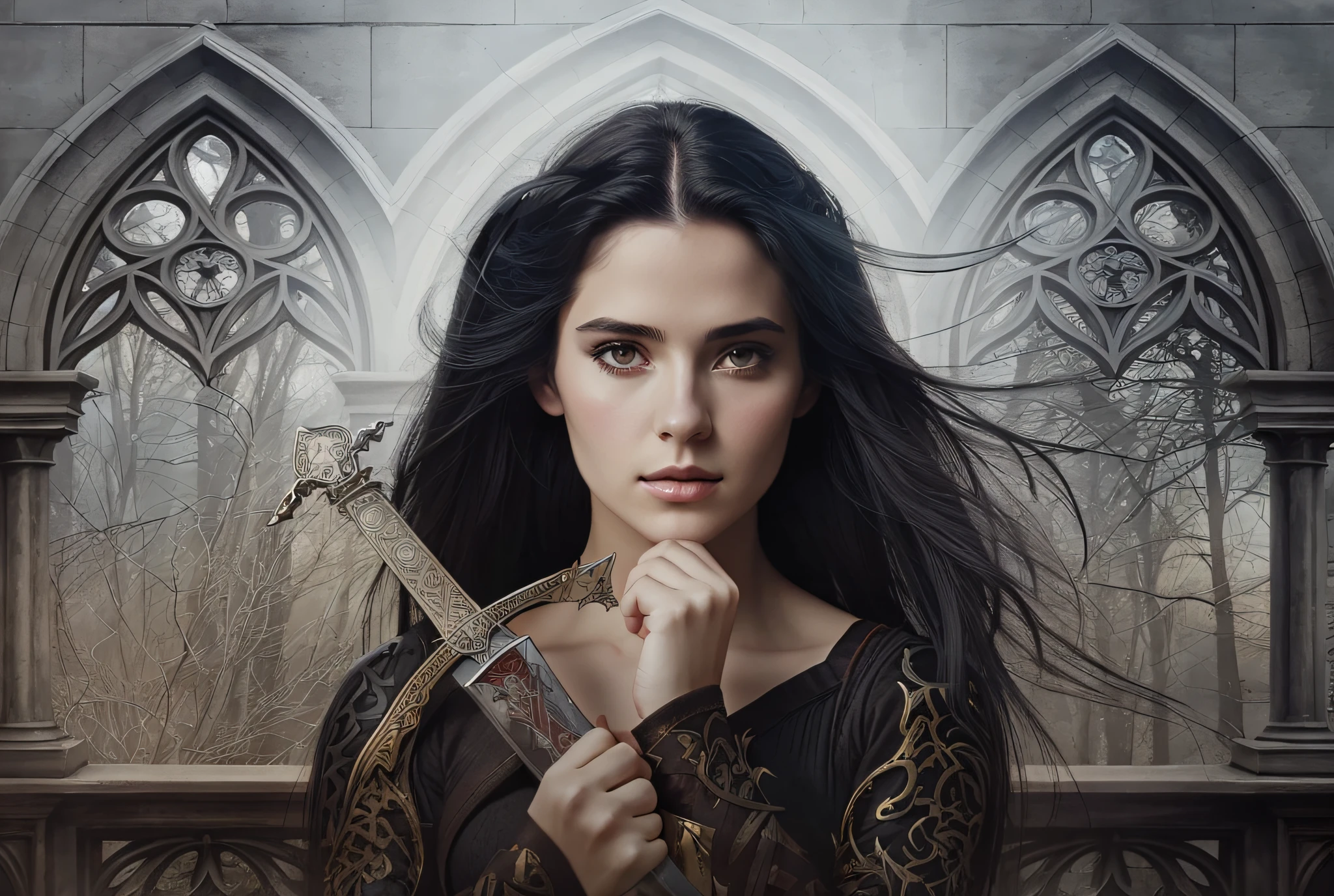 a woman with long black hair holding a sword,romance novel cover, young adult fantasy novel cover, holding a sword on her shoulder, inspired by Magali Villeneuve, beautiful fantasy art portrait, long sword in her hand