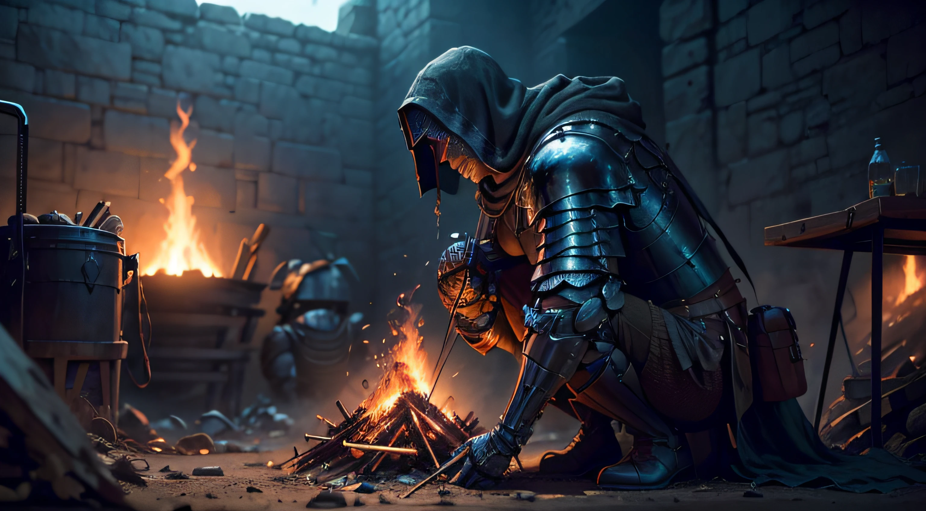 A knight sitting and looking down wounded by arrows, a smoky smoldering bonfire, medieval ruins, full plate armor, dark souls style. (best quality,4k,8k,highres,masterpiece:1.2),ultra-detailed,(realistic,photorealistic,photo-realistic:1.37), HDR, UHD, studio lighting, ultra-fine painting, sharp focus, physically-based rendering, extreme detail description, professional, vivid colors, bokeh, portraits, landscape, horror, anime, sci-fi, photography, concept artists, dark color scheme, dimly lit.