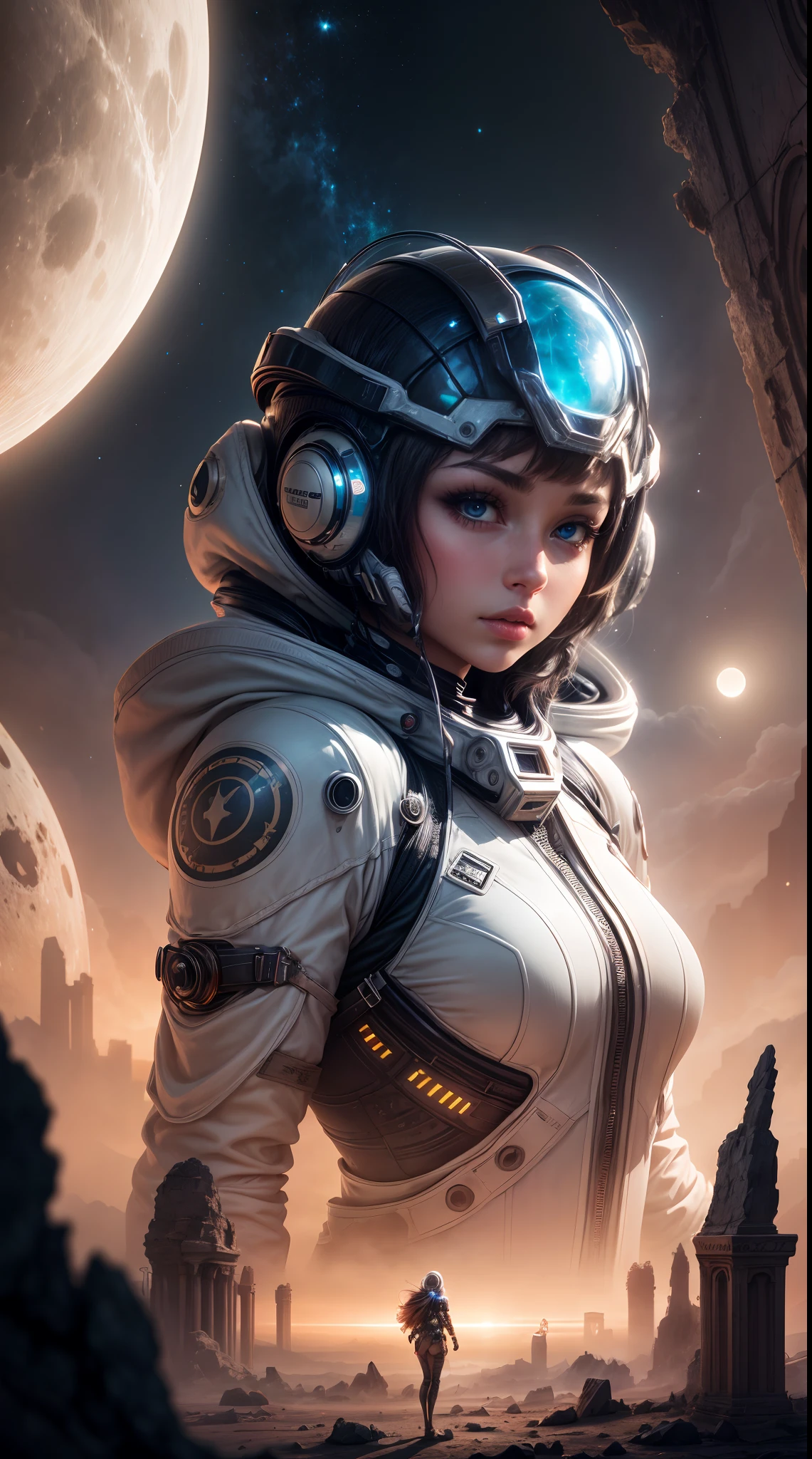 An otherworldly landscape bathed in the soft, ethereal light of multiple moons, where a closeup beautyful girl in a futuristic spacesuit gazes up in wonder, surrounded by floating islands and ancient, mysterious ruins.