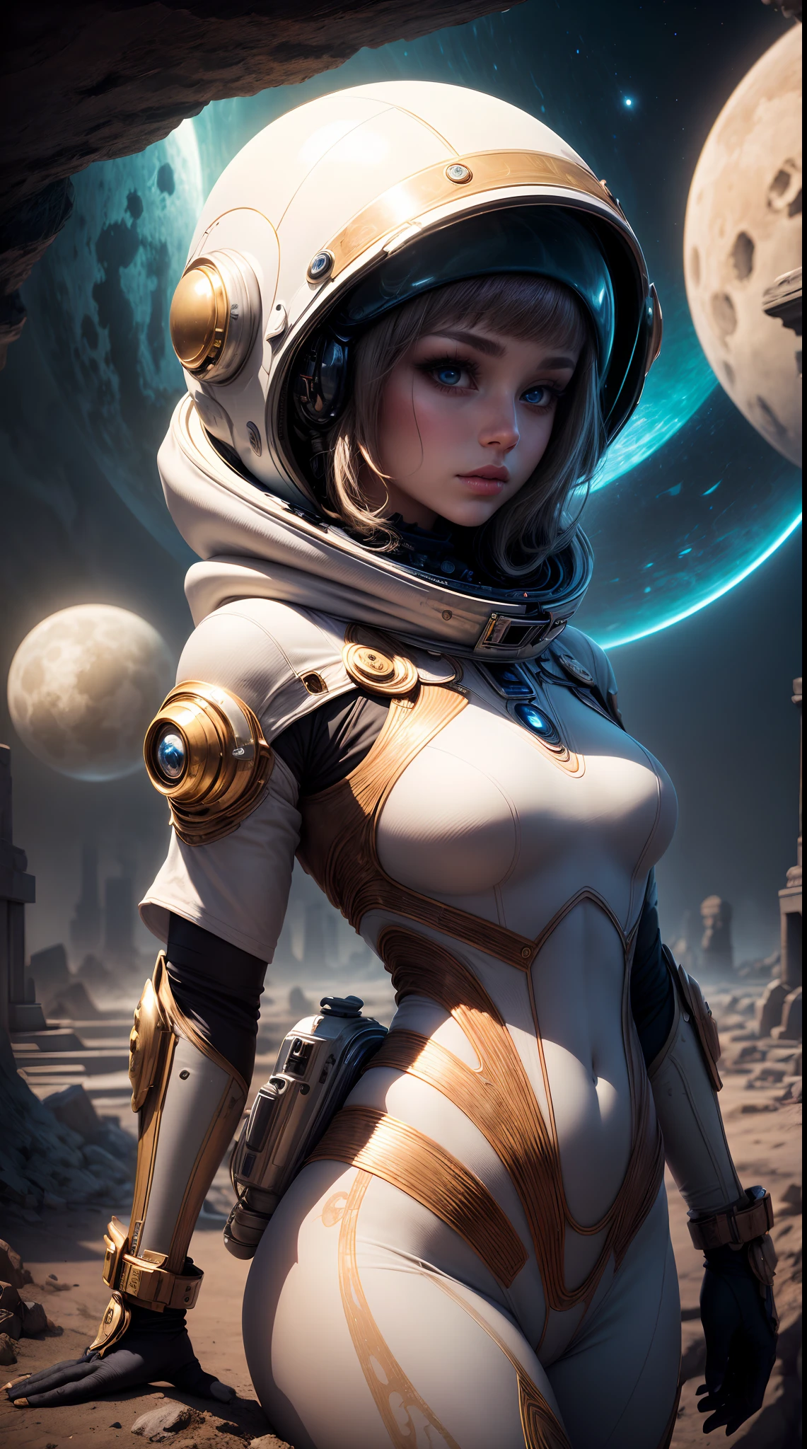 20 years old Slav woman, ((full body)), ((nude)), ((heavily armored space commander)), beautiful chest, standing with her legs spread apart in the space ship in deep space far from the galaxy, no planet and no moon around there, fighting the huge alien space ship, milky way outside of the ship, zoom in from below