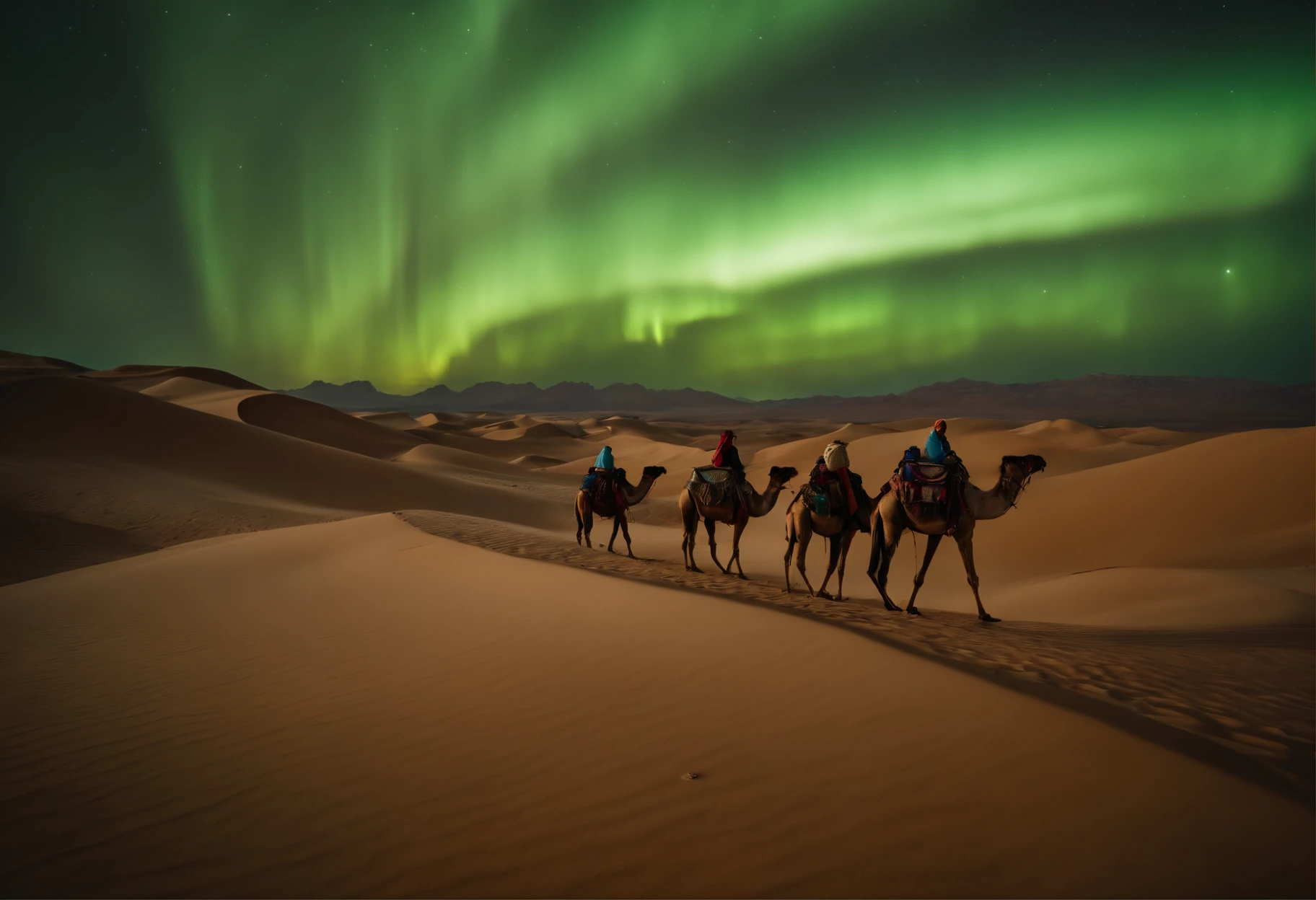 camel caravan walking hand in hand in the desert mountains at night with a view of the aurora in the sky, drone photography view, beautiful aurora in the sky, aurora atmosphere, fog, very wide view, realistic photography, dramatic, dynamic composition, sahara desert, perfect object, perfect anatomy, highly detailed, 128k resolution, HDR, ultra hd, masterpiece photography, trending on 500px, natgeo style