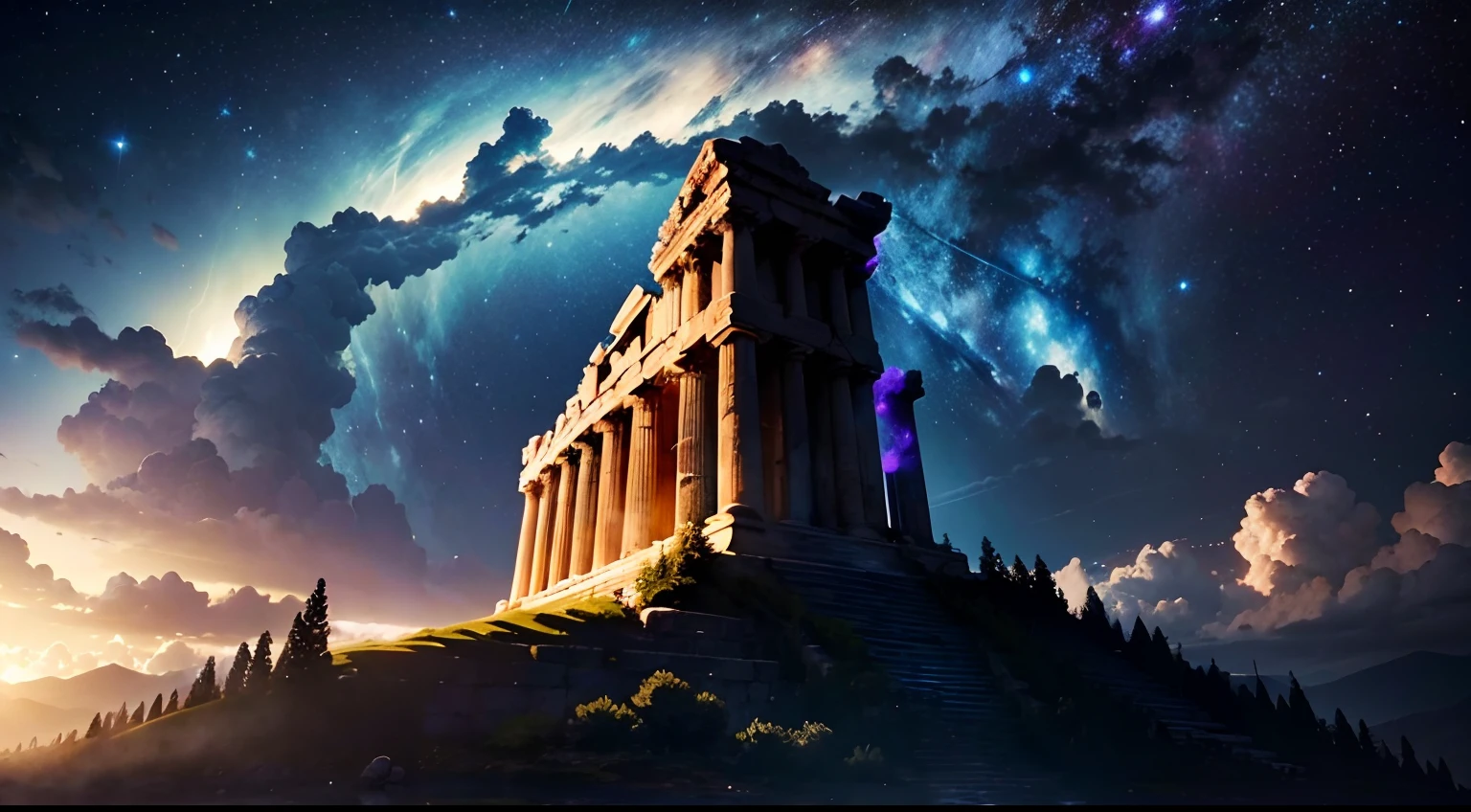 masterpiece、qualidade superior、Qualidade de imagem superior、A qualidade 8k、Beautiful photos of the starry sky、magnifica、mount olympus, greek temple ruins, Dramatic cloud:1.5、Raio:1.9、lightnings:1.9
