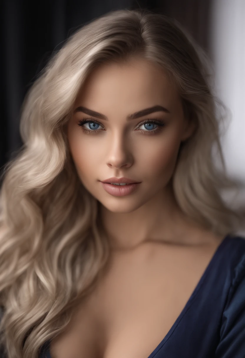 arafed woman fully , sexy girl with blue eyes, ultra realistic, meticulously detailed, portrait sophie mudd, blonde hair and large eyes, selfie of a young woman, bedroom eyes, violet myers, without makeup, natural makeup, looking directly at the camera, face with artgram, subtle makeup, stunning full body shot kneeling on bed, in club, medium to large size bust