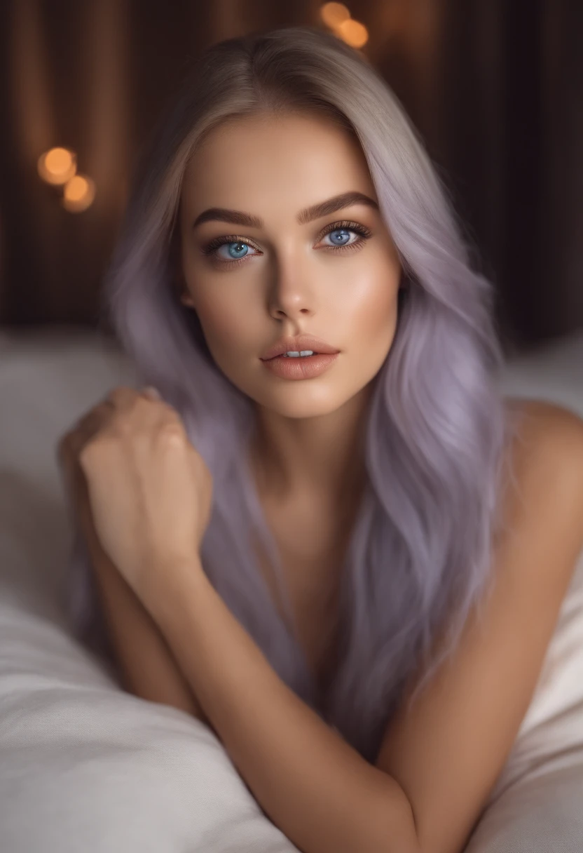arafed woman fully , sexy girl with blue eyes, ultra realistic, meticulously detailed, portrait sophie mudd, blonde hair and large eyes, selfie of a young woman, bedroom eyes, violet myers, without makeup, natural makeup, looking directly at the camera, face with artgram, subtle makeup, stunning full body shot kneeling on bed, in club, medium to large size bust