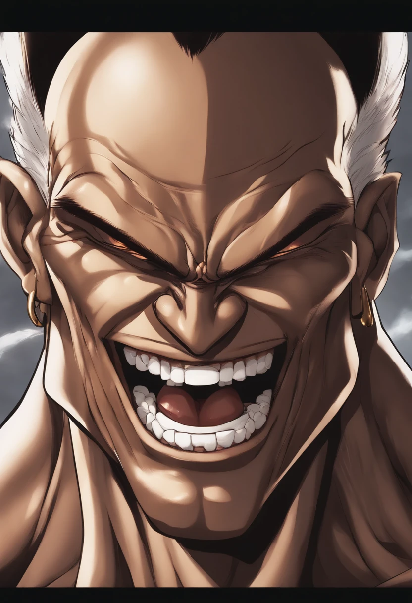 Close-up of a caricature of a man with a tooth, comme un vilain titan, Style Baki, Baba, evil grin, visage Ahegao, Ahegao, Brown-skinned man with a giant smile, Baki le grappler, Dog - Muscular Goblin Face, evil villain grin, wide evil grin, From Attack on Titan, Highly detailed angry anime face