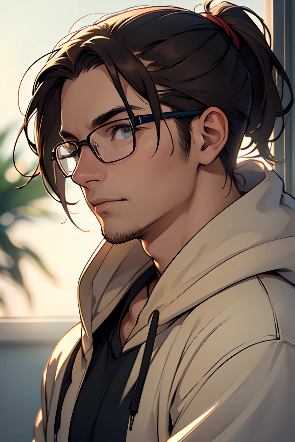 (best quality, high-res, ultra-detailed), upper body portrait, 25-year-old man, mature face, neutral expression, glasses, hoodie, dark brown hair pulled back in a low ponytail, angled shot, natural lighting, soft colors, subtle bokeh, (skinny)