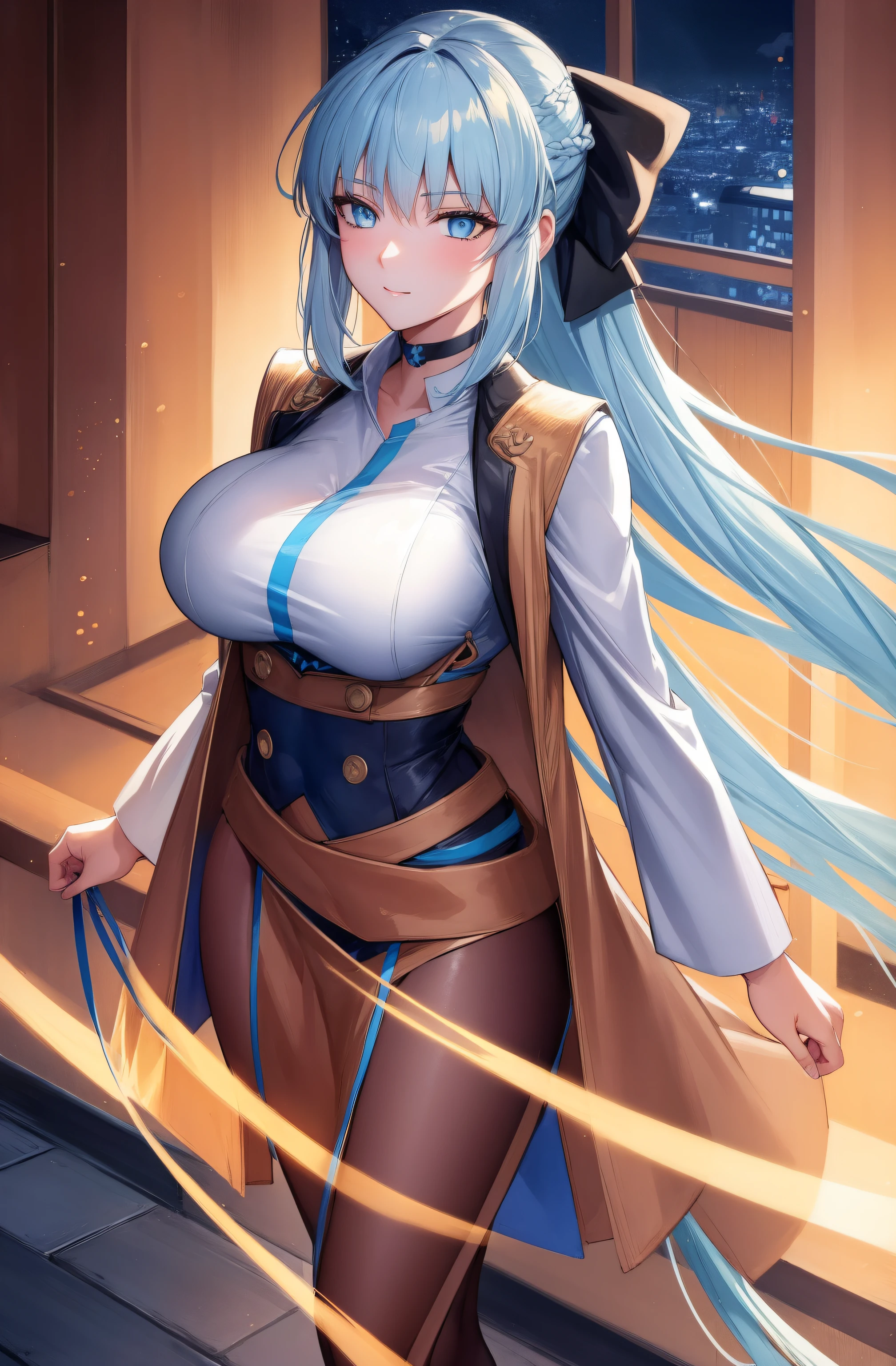 (night:1.7), east asian architecture,
Standing at attention,
brown jacket, white sweater vest, turtleneck,long sleeves, skirt,
morgan le fay, black bow, bow, light blue hair, blue eyes, choker, hair bow, hair ornament, long hair, ribbon,
1 girl, 20yo,mature female,Beautiful Finger,Beautiful long legs,Beautiful body,Beautiful Nose,Beautiful character design, perfect eyes, perfect face,seductive anime girl.teasing smile,
looking at viewer,(innocent_big_eyes:1.0),(expressionless:1.3),
NSFW,official art,extremely detailed CG unity 8k wallpaper, perfect lighting,Colorful, Bright_Front_face_Lighting,
(masterpiece:1.0),(best_quality:1.0), ultra high res,4K,ultra-detailed,
photography, 8K, HDR, highres, absurdres:1.2, Kodak portra 400, film grain, blurry background, bokeh:1.2, lens flare, (vibrant_color:1.2)
(Beautiful,large_Breasts:1.4), (beautiful_face:1.5),(narrow_waist),(perfect hands, perfect anatomy)