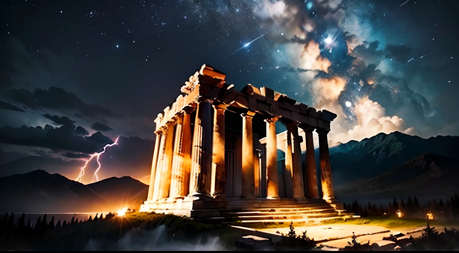 masterpiece、qualidade superior、Qualidade de imagem superior、A qualidade 8k、Beautiful photos of the starry sky、magnifica、mount olympus, greek temple ruins, Dramatic cloud:1.5、raining, Raio:1.9、lightnings:1.9
