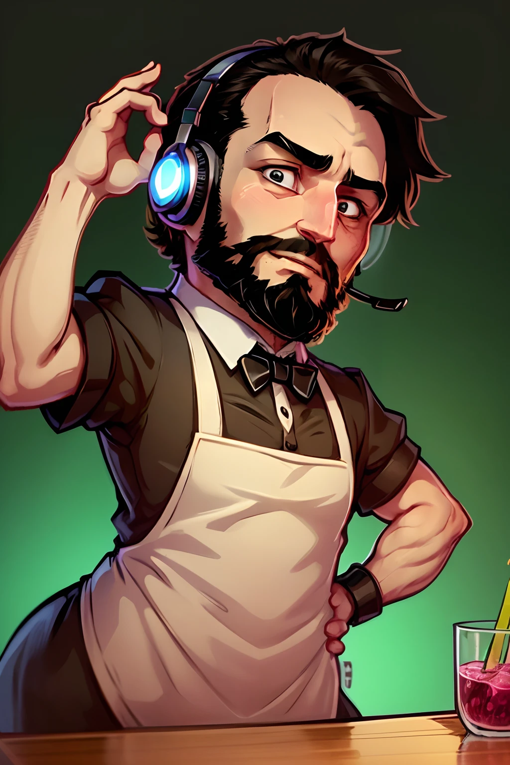 a stickers , man who is a bartender. black short hair and full beard using a gaming headset. He has a friendly face and wears a bartender's uniform,complete with apron and bow tie,posing with hands,represented with vibrant colors, surprise expression, big eyes . chibbi anime style. White background,camera from bottom to top