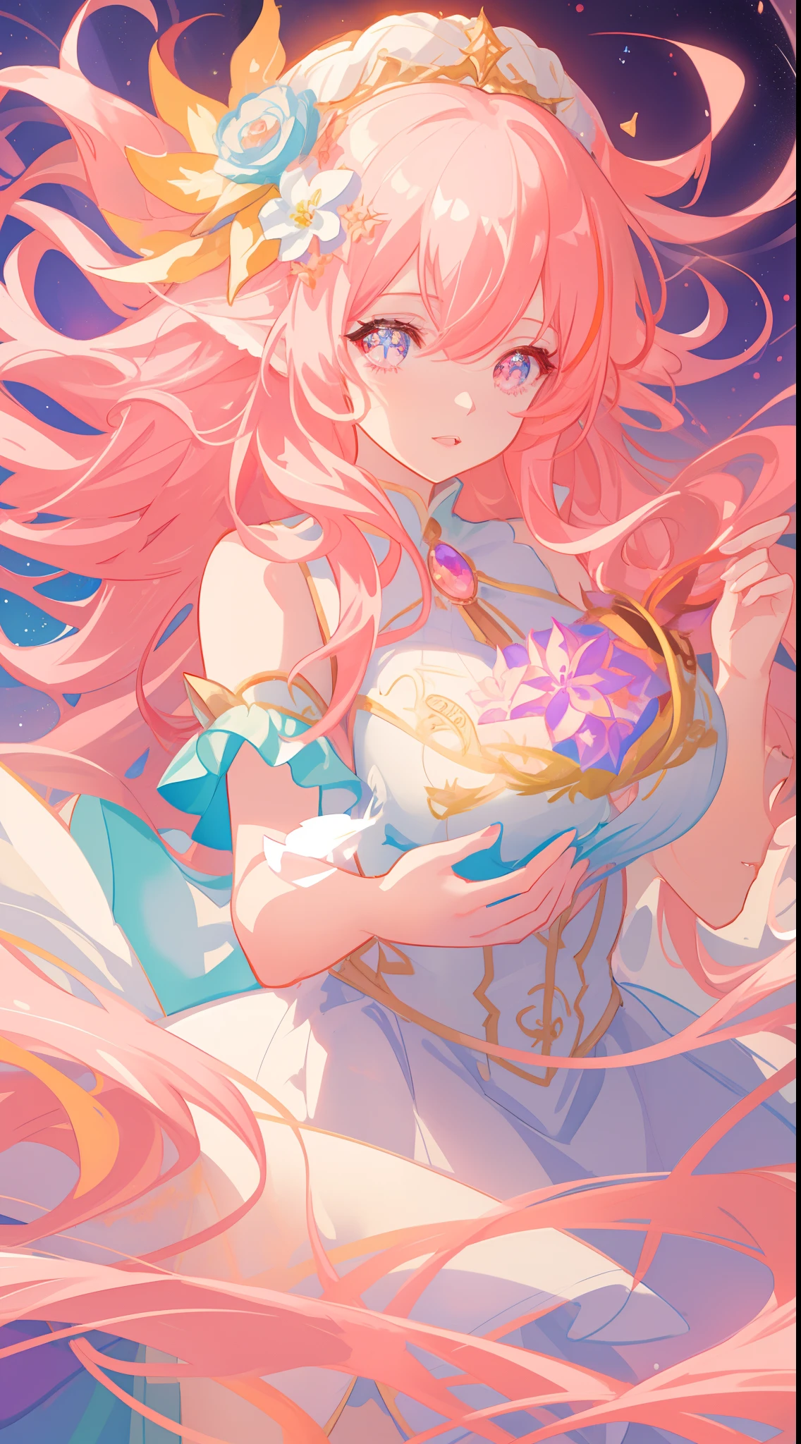 beautiful anime girl in white princess ballgown, vibrant pastel colors, (colorful), magical lights, red and gold long wavy curly hair, sparkling lines of light, inspired by Glen Keane, inspired by Lois van Baarle, disney art style, by Lois van Baarle, glowing aura around her, by Glen Keane, jen bartel, glowing lights! digital painting, flowing glowing hair, glowing flowing hair, beautiful digital illustration, fantasia background, whimsical, magical, fantasy, beautiful face, ((masterpiece, best quality)), intricate details, highly detailed, sharp focus, 8k resolution, sparkling detailed eyes, liquid watercolor