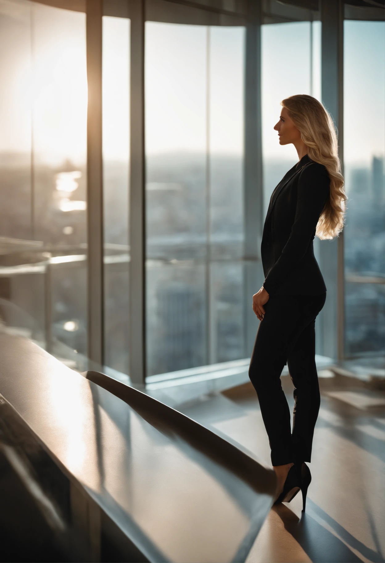 Upper body shot of a blue-eyed blonde woman in a black blazer and black business pants standing in an office, Business Clothes, Panoramic view of the city, Foto RAW, pele altamente detalhada ,8k UHD, DSLR, soft lighting, alta qualidade, filmic grain, Fujifilm XT3.