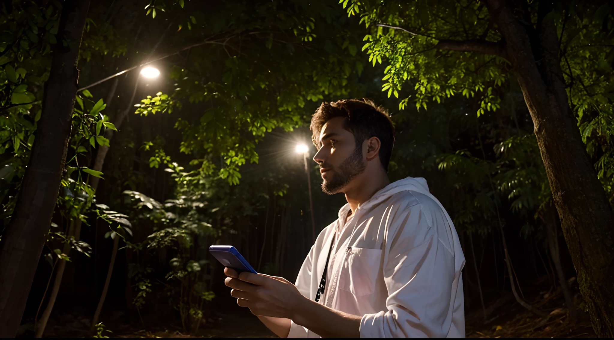 Man with a cell phone in his hand, numa floresta a noite