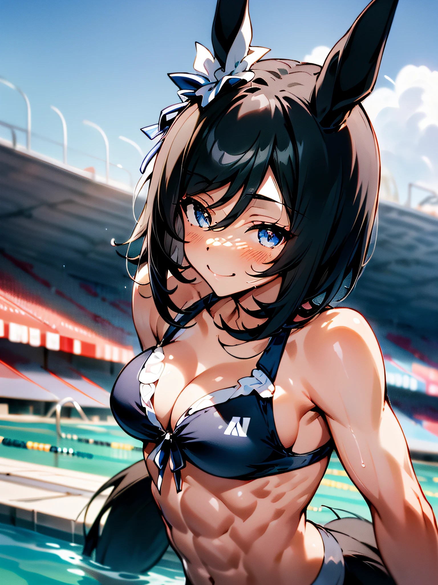 eishin flash \(umamusume\), (bikini), ((abs)), , detailed eyes, (have a silky short black tail), light smile, big tits, masterpiece, best quality, (ultra-detailed) athlete, morning, official art, in stadium, (well-muscled), pool, audience