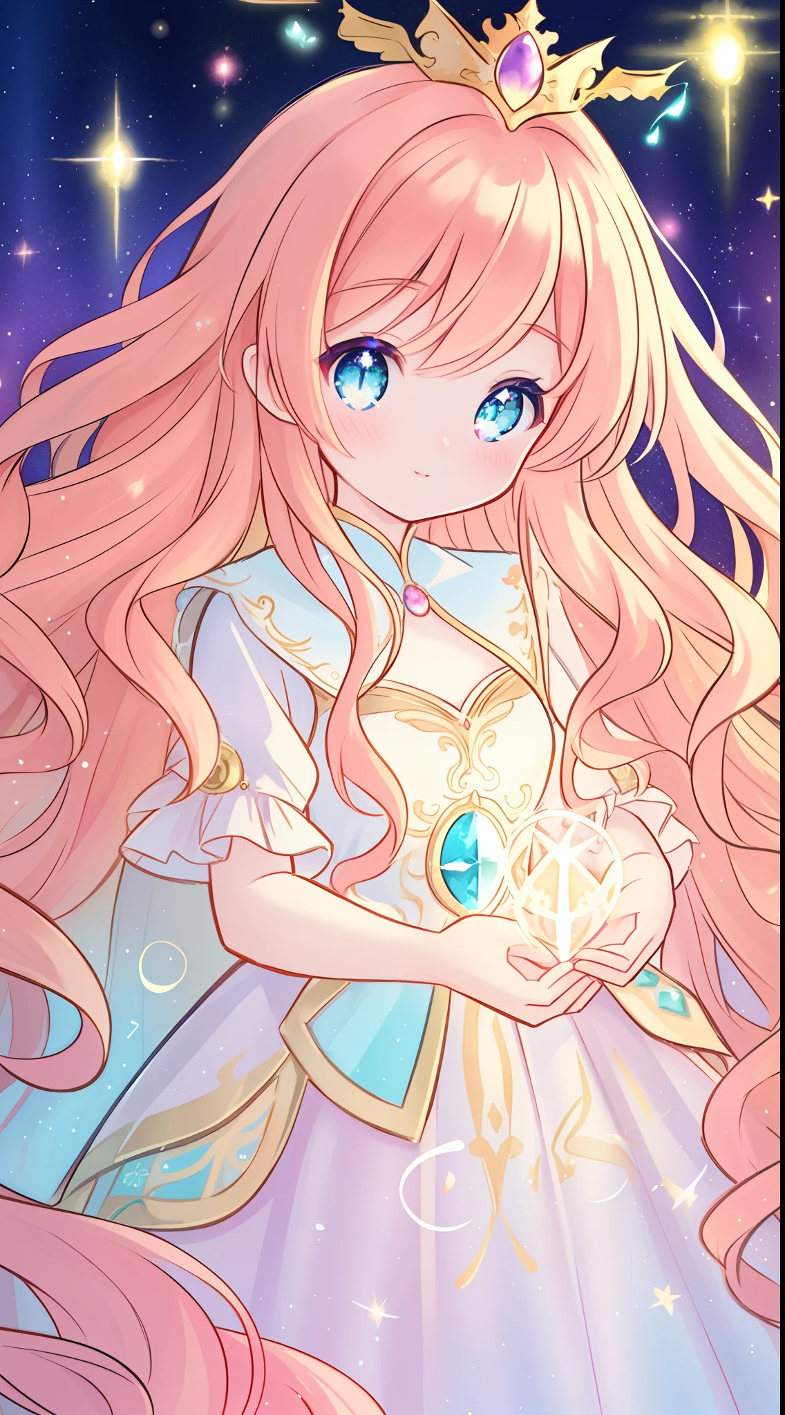 beautiful anime girl in white princess ballgown, vibrant pastel colors, (colorful), magical lights, red and gold long wavy curly hair, sparkling lines of light, inspired by Glen Keane, inspired by Lois van Baarle, disney art style, by Lois van Baarle, glowing aura around her, by Glen Keane, jen bartel, glowing lights! digital painting, flowing glowing hair, glowing flowing hair, beautiful digital illustration, fantasia background, whimsical, magical, fantasy, beautiful face, ((masterpiece, best quality)), intricate details, highly detailed, sharp focus, 8k resolution, sparkling detailed eyes, liquid watercolor