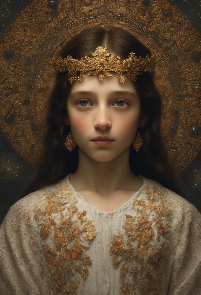 ((high resolution)), pale skin, freckled, brunette 13 year old girl, ((small breasts)), long curly hair, as a fantasy priestess, sun shining behind head, in the style of William-Adolphe Bouguereau