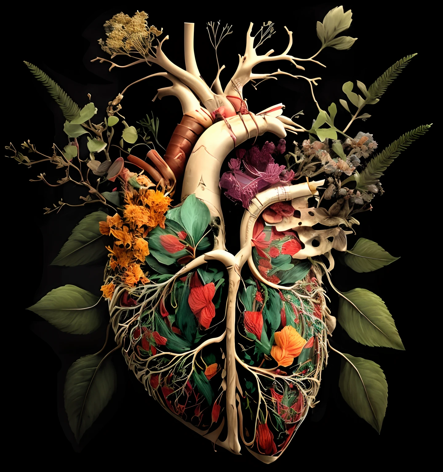 A closeup of a human heart with flowers and leaves, Heart, rins, lungs;, real heart, anatomia detalhada intrincada, Heart human, anatomical heart, anatomical art, real heart!, heart made of flowers, intricate organic painting, realismo super intrincado, botanical anatomy, connected to heart machines, anatomically correct heart, arte digital altamente detalhada, hiper-realista altamente intrincado, com folhas realisticas, 3d, 8k