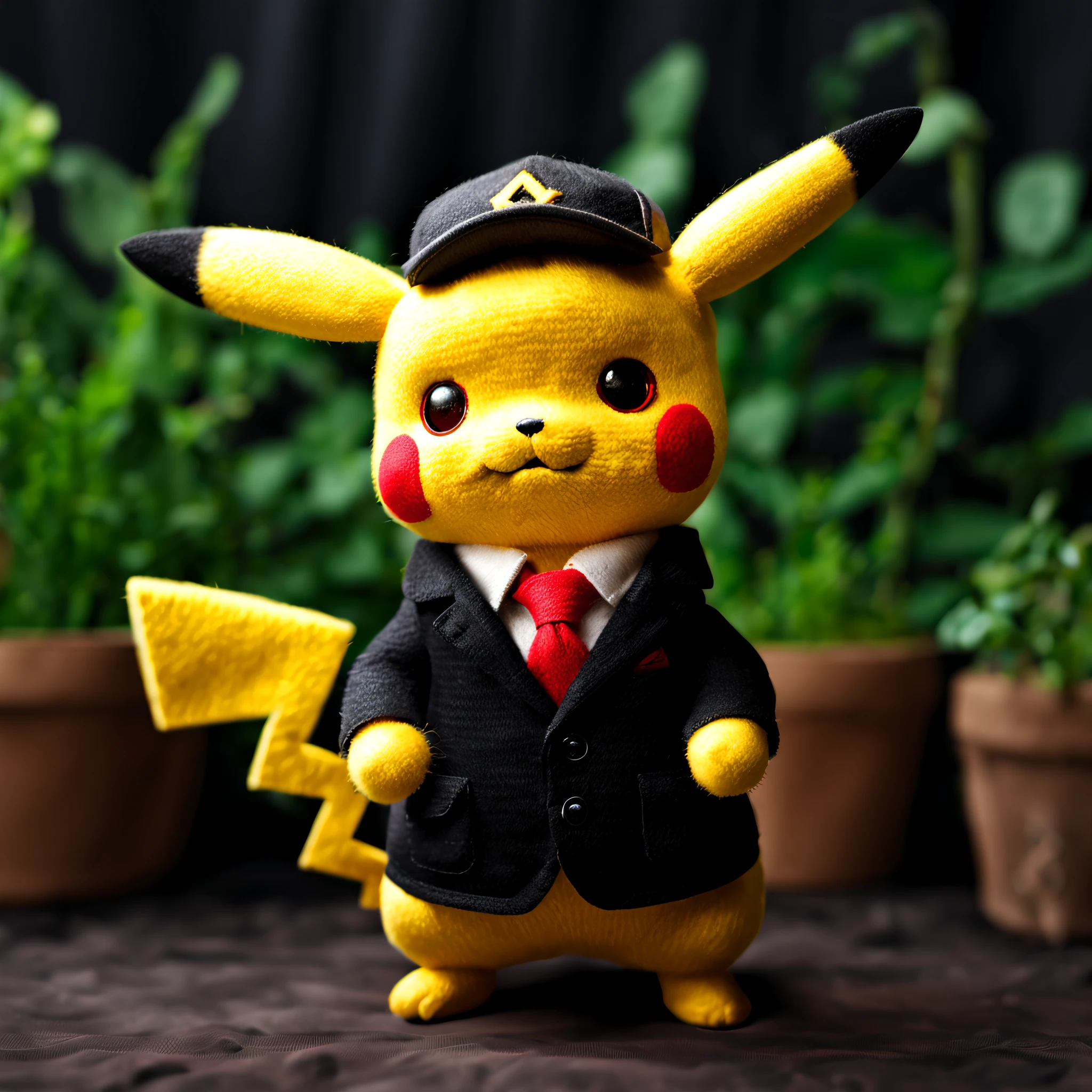 Cute Pikachu in black suit uniform woven with wool, realistic photo style, full body, ultra-realistic wool felt material, studio lighting, 8k, HD high resolution, top quality, masterpiece