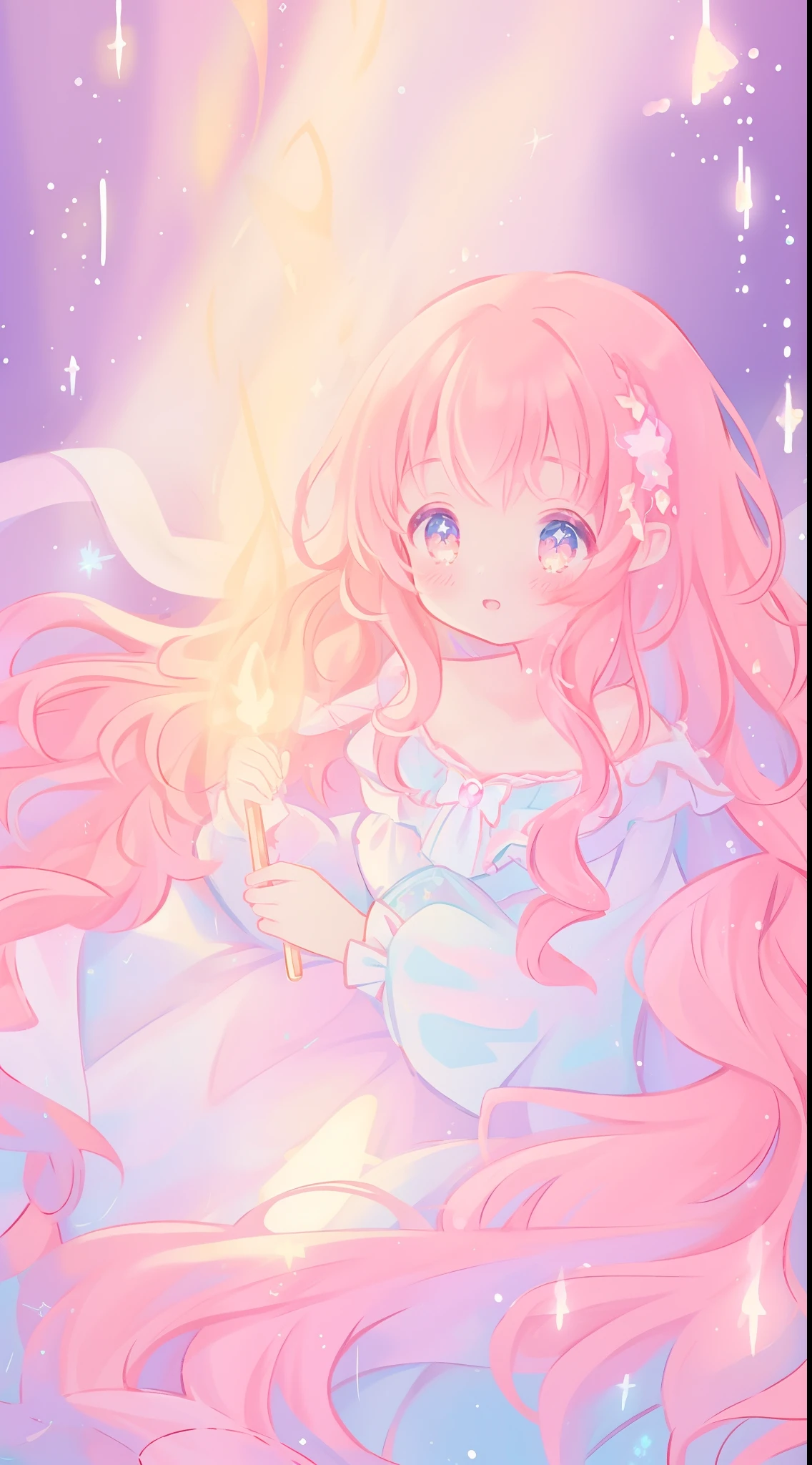 beautiful anime girl in white princess ballgown, vibrant pastel colors, (colorful), magical lights, red and gold long wavy curly hair, sparkling lines of light, inspired by Glen Keane, inspired by Lois van Baarle, disney art style, by Lois van Baarle, glowing aura around her, by Glen Keane, jen bartel, glowing lights! digital painting, flowing glowing hair, glowing flowing hair, beautiful digital illustration, fantasia background, whimsical, magical, fantasy, beautiful face, ((masterpiece, best quality)), intricate details, highly detailed, sharp focus, 8k resolution, sparkling detailed eyes, liquid watercolor