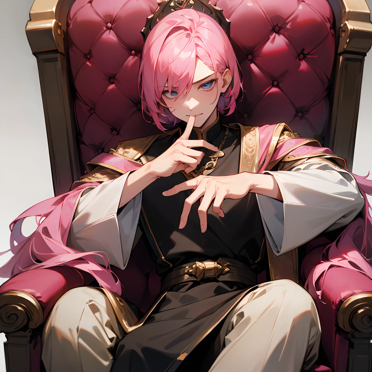 (best quality,highres),young man, sitting on throne, holding finger in front of mouth, pink hair, two hands, detailed facial features, intense gaze, confident posture