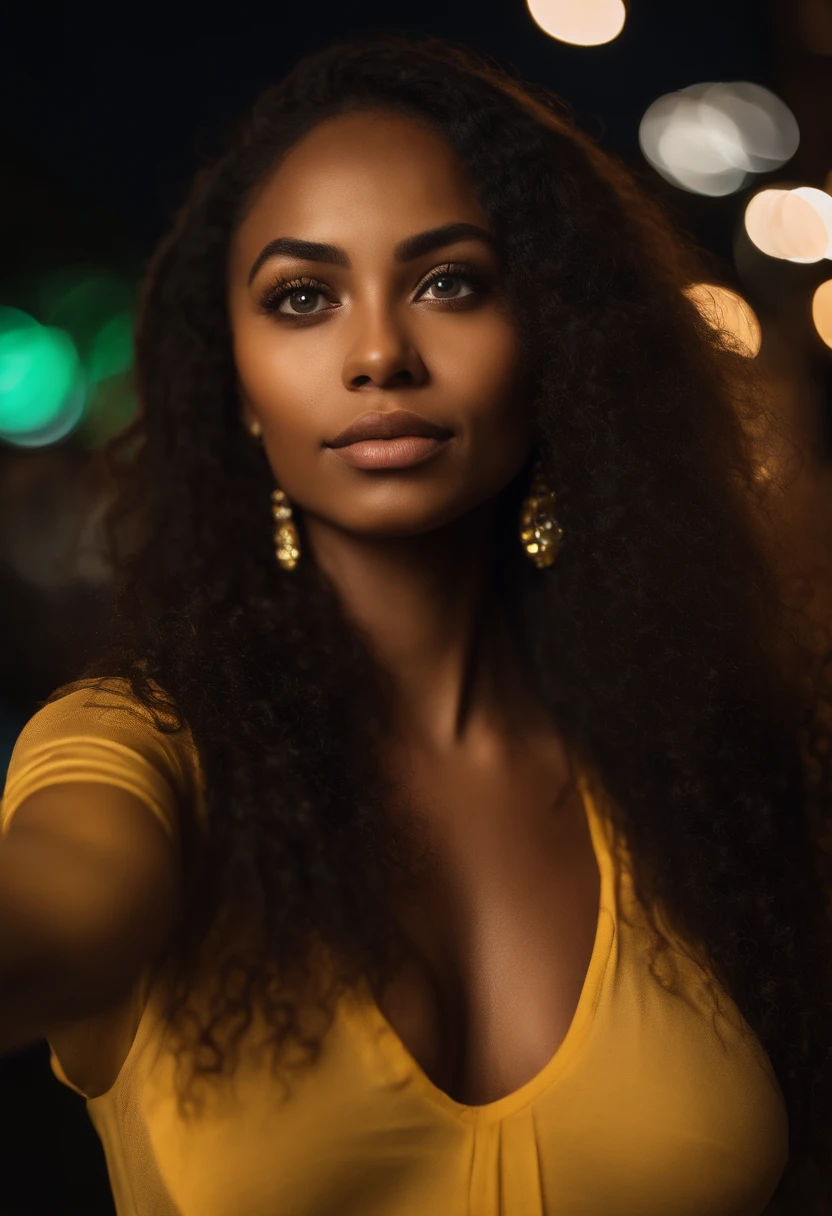 (selfie shot, from above: 1.4), (half-body portrait: 1.4), 24-year-old black mixed-race woman (green-eyed woman),beautifull black long hair with blond highlights, walking in a bar RAW uhd portrait photo, natural big breast_b, city background at night, (yellow sundress), (crack), detailed (texture!, hair!, shine, color!!, flaws: 1.1), highly detailed glowing eyes, (looking at camera), specular light, dslr, extreme quality, sharp focus, sharp, dof, Film grain, (centered), Fujifilm XT3, crystal clear, center of frame, cute face, sharp focus, street lamp, neon lights, bokeh, (dark light), low key, night, (night sky ) detailed skin pores, oil Dark skin, brown, complex eye details