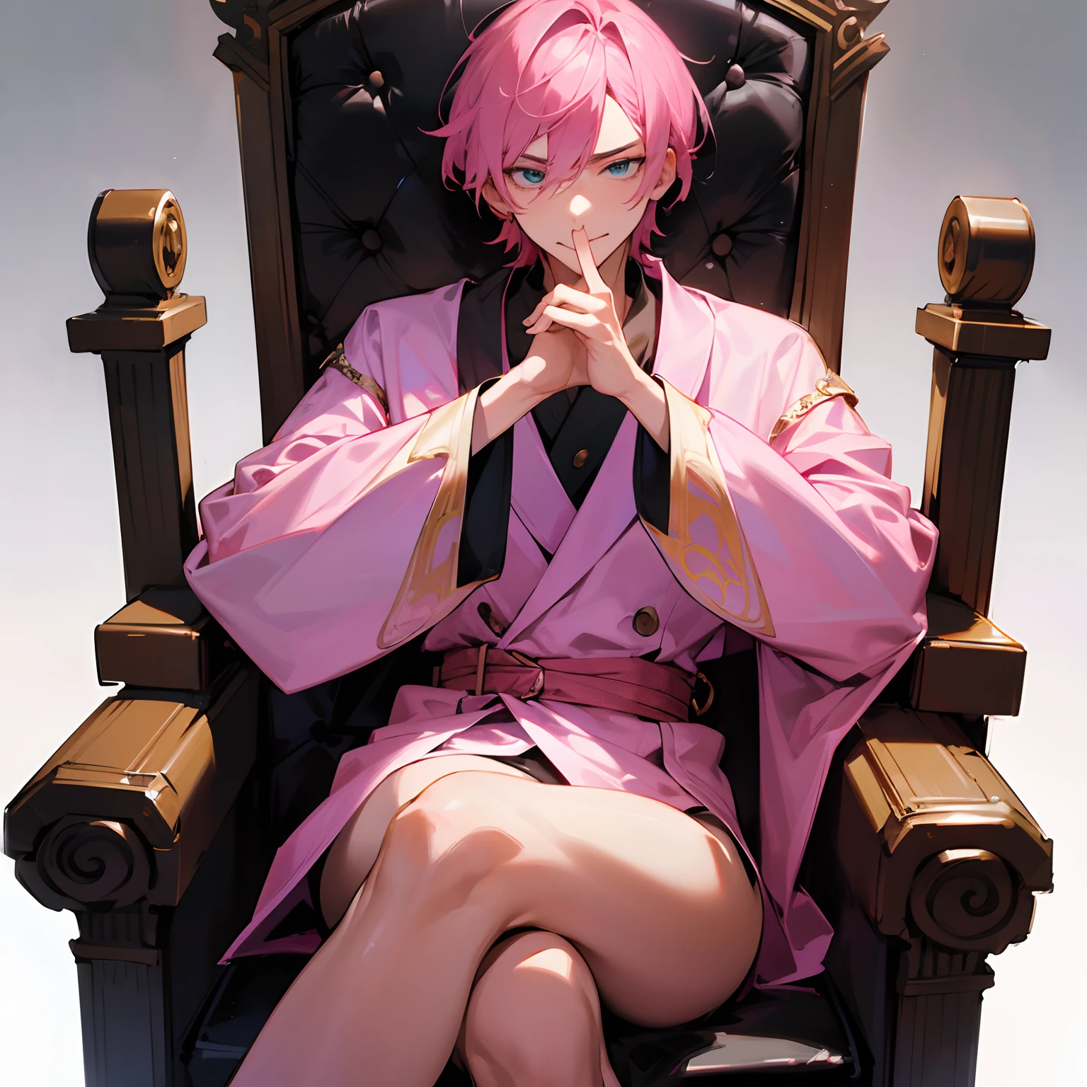 (best quality,highres),young man, sitting on throne, holding finger in front of mouth, pink hair, two hands, detailed facial features, intense gaze, confident posture