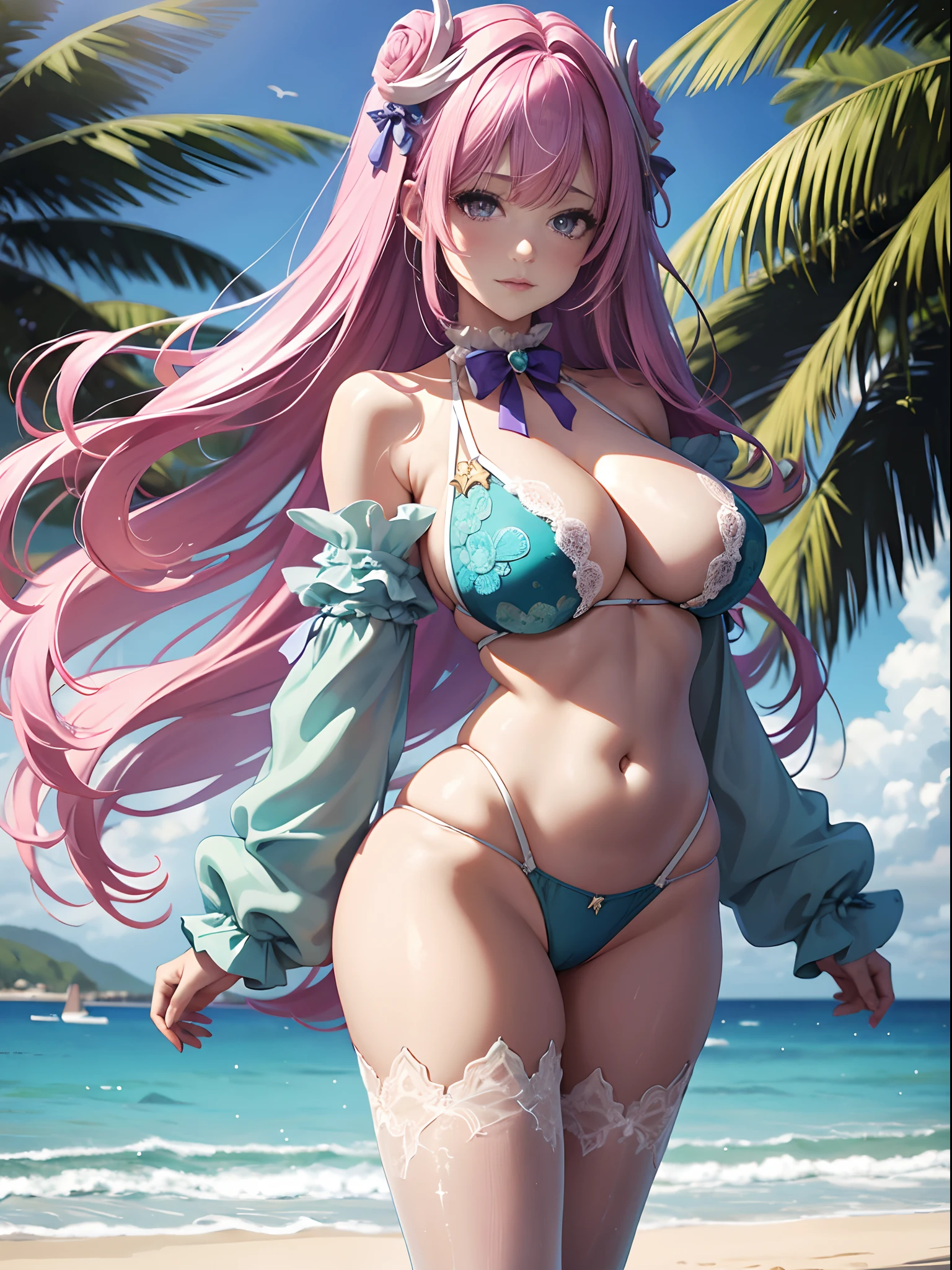 Four 20-year-old beauties,(star-shaped bule pupils,+_+,pupils in symbol shapes,sparkle eyes)),(Enrich the picture,Masterpiece level quality),Exquisite 8KCG artwork,Four goddess-like figures,Stand in the beach water,Postural exercises,Slim and soft,Translucent skin,The skin is fair and juicy,Oversized breasted green bikini miniskirt uniform,Perspective Part 1.2x enhanced silhouette effect,Exquisite transparent blues pattern in pajamas,The details are intricate and exquisite,The background is slightly blurred,Charming and lustful leg seduction,Drool,Extra-large big breasts,Blush,Perfect body slim curves,Beach grounds,The four goddesses stood together,Greenish-yellow hair,Pink hair,Violet blue hair,Near-full-body photo,