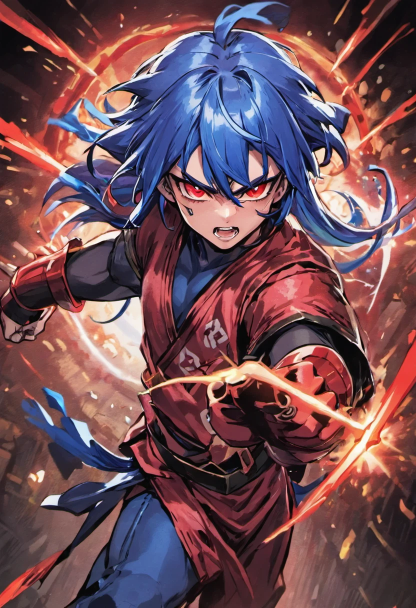 A martial arts manga hero is a young warrior with supernatural powers. They have long, blue hair and bright red eyes. They wear a distinctive combat outfit that sets them apart from others. They possess a bold and strong personality, with their ultimate goal being to protect the world from evil.