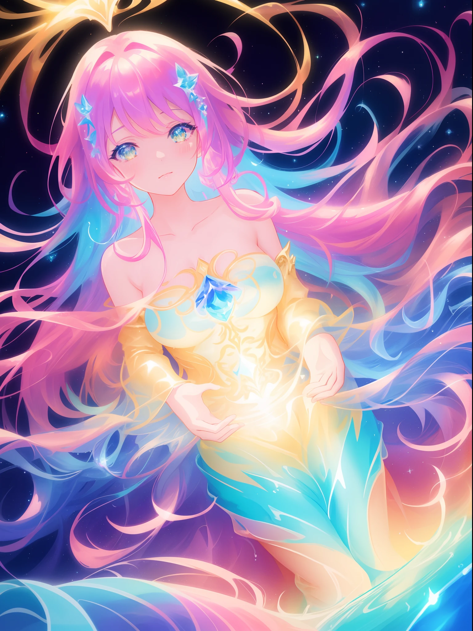 beautiful anime girl in colorful dress made of water, vibrant pastel colors, (colorful), magical liquid lights, colorful long hair made of liquid light, sparkling lines of light, inspired by Glen Keane, inspired by Lois van Baarle, disney art style, by Lois van Baarle, glowing aura around her, by Glen Keane, jen bartel, glowing lights! digital painting, flowing glowing hair, glowing flowing hair, beautiful digital illustration, fantasia background, whimsical, magical, fantasy, beautiful face, ((masterpiece, best quality)), intricate details, highly detailed, sharp focus, 8k resolution, sparkling detailed eyes, liquid watercolor