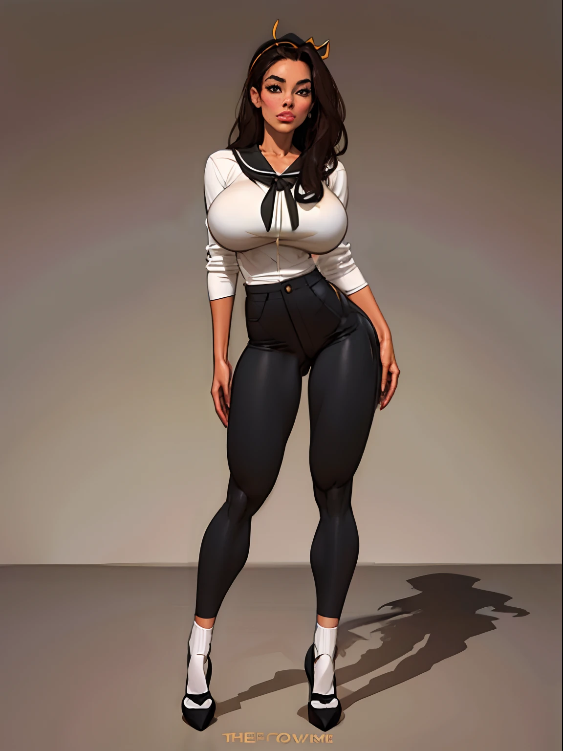 Lonely young adult girl, Tall stature, large chest, closed mouth, asian face: brown eyes; black hair; sharp facial features; dimple on the chin; asian; ; pronounced high cheekbones; high forehead, stands upright, (gigantic breasts:1.4), detailed face, school uniform: large ribbon; pants, Full-length painting, white crew socks, black heels, big eyes, Thepit style