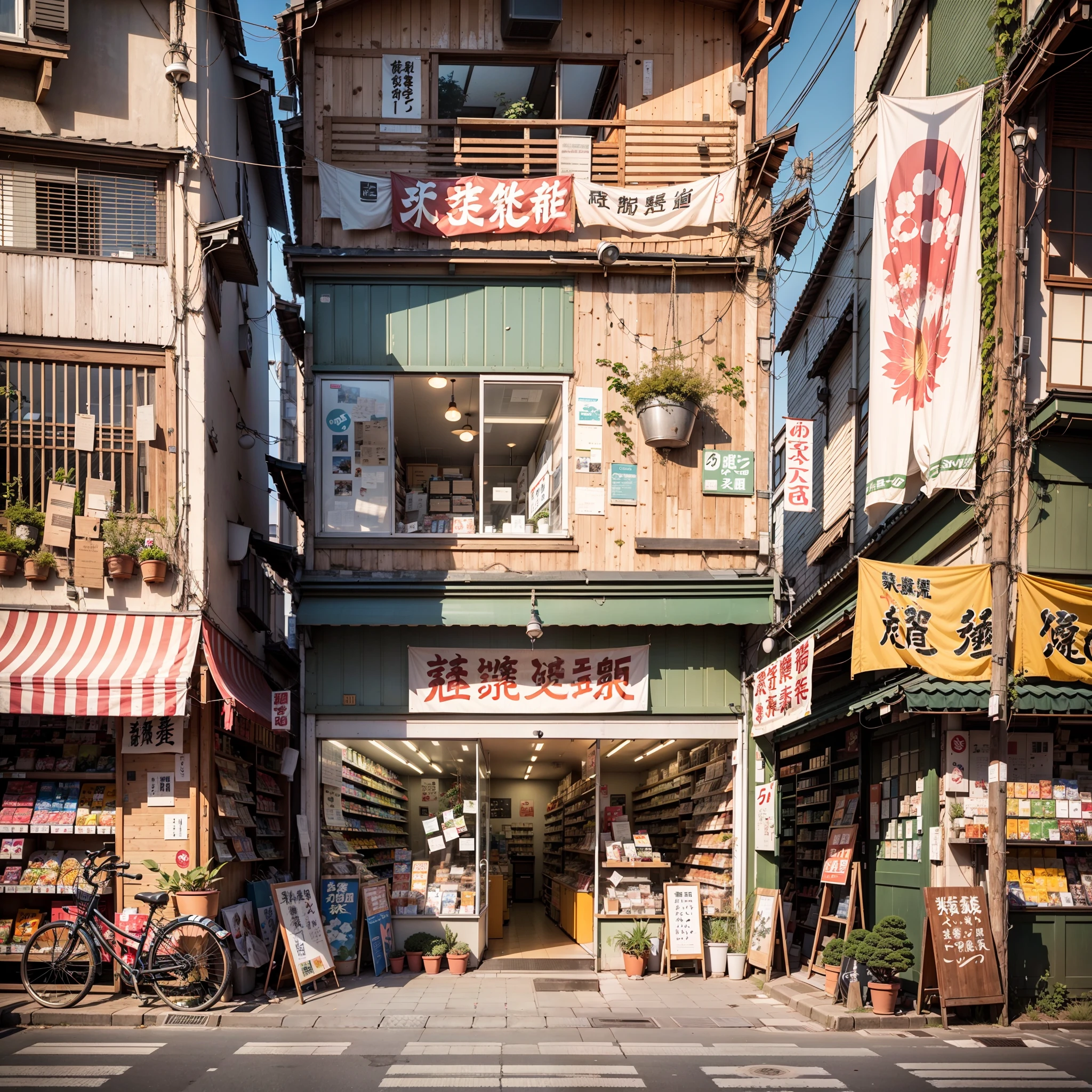 anime background, anime wallpaper, anime, anime style, lofi, lofi style, modern japanese street, modern japanese architecture, japanese convenience store, big retro japanese shop signs, retro japanese store, trees, plants, rocks, plant pots, shop signs, japanese banners, japanese signs, flags, sunrise, golden hour, golden lighting, empty street, no one in sight, (no one: 1), best quality, rural tokyo