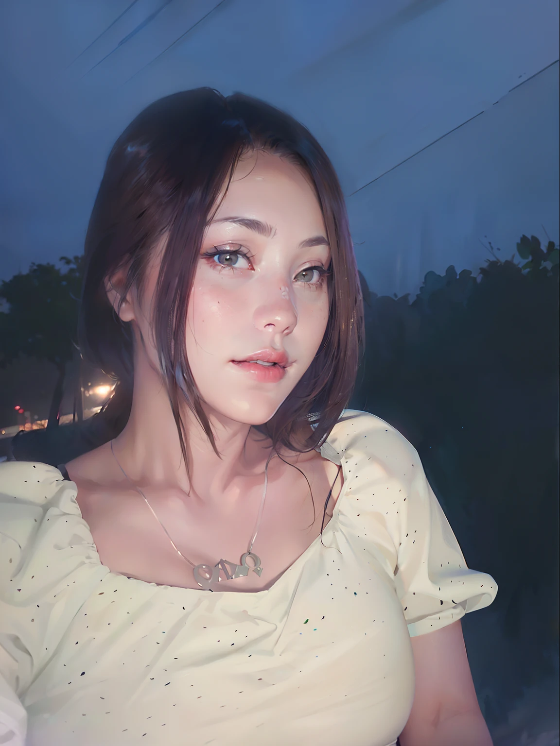 ((Realistic lighting, best qualtiy, 8k, tmasterpiece:1.3)), sharp fokus:1.2, 1girl, Beautiful Women with Perfect Figure:1.4, Slim abs:1.1, ((dark brown  hair)), (White crop top:1.4）,（exteriors，during night：1.1），Sit on the indoor bed，Ultra-fine face，Fine ey...