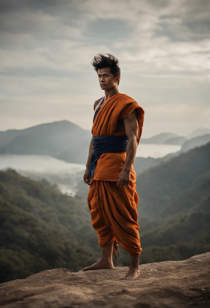 A monk wearing monk dress on himalays in serious mood also with proper body muscle and six abs looking front