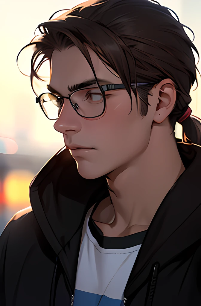 (best quality, high-res, ultra-detailed), upper body portrait, 25-year-old man, mature face, neutral expression, glasses, hoodie, dark brown hair pulled back in a short low ponytail, angled shot, natural lighting, soft colors, subtle bokeh, (skinny)